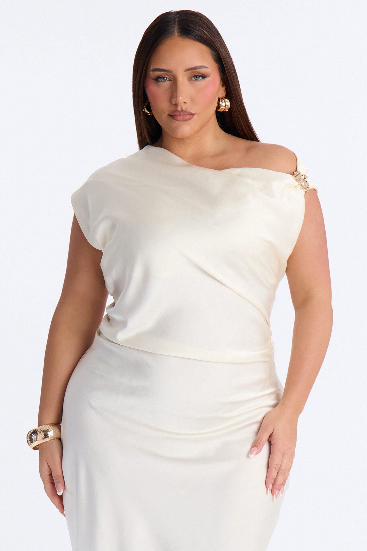 Jazlyn Ruched Satin Midi Dress - White image 6