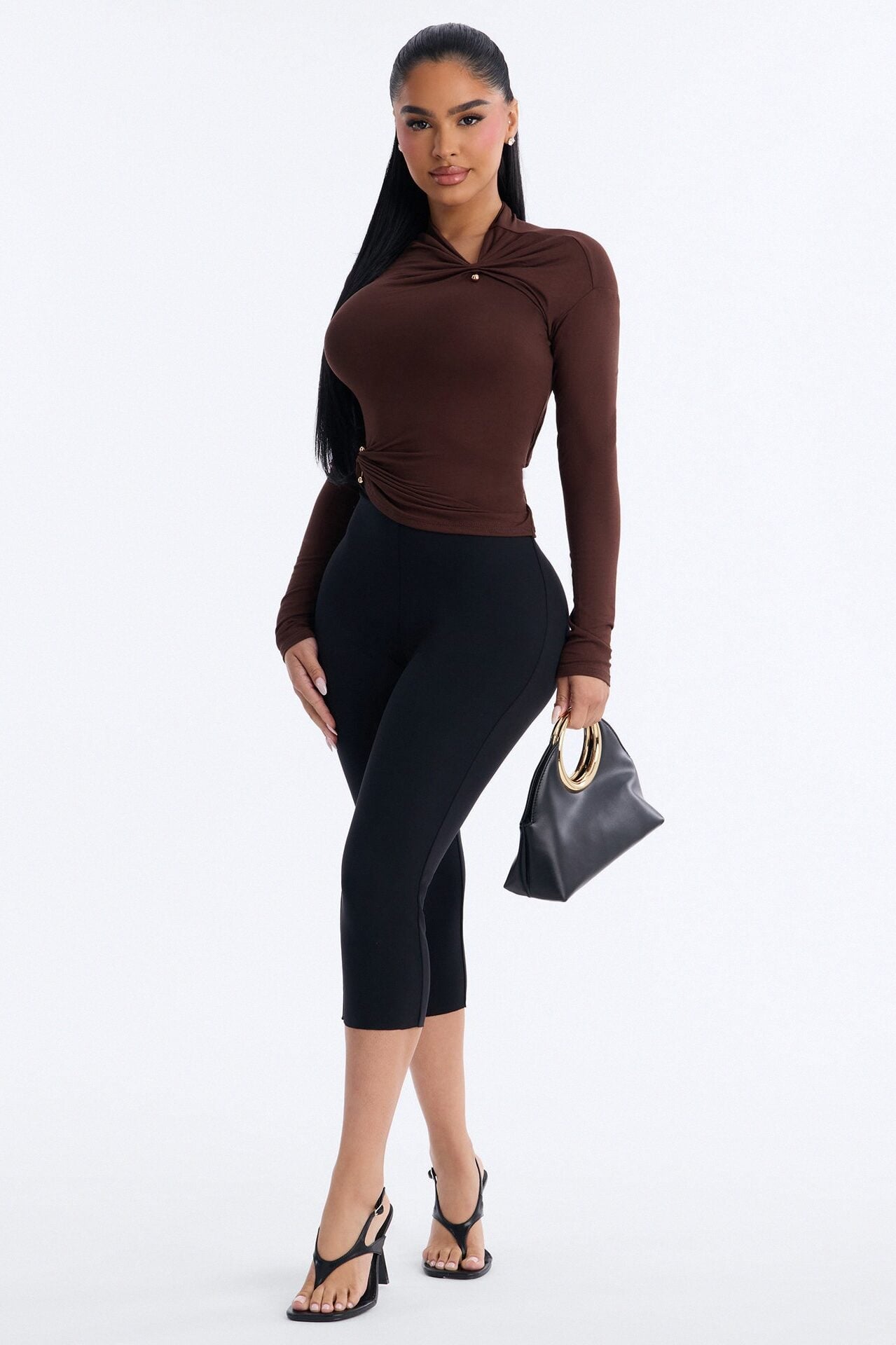 Pin Me Asymmetrical Neck Long Sleeve Top - Brown image 2
