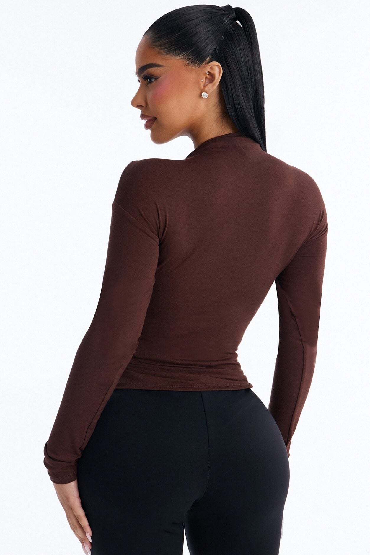 Pin Me Asymmetrical Neck Long Sleeve Top - Brown image 4