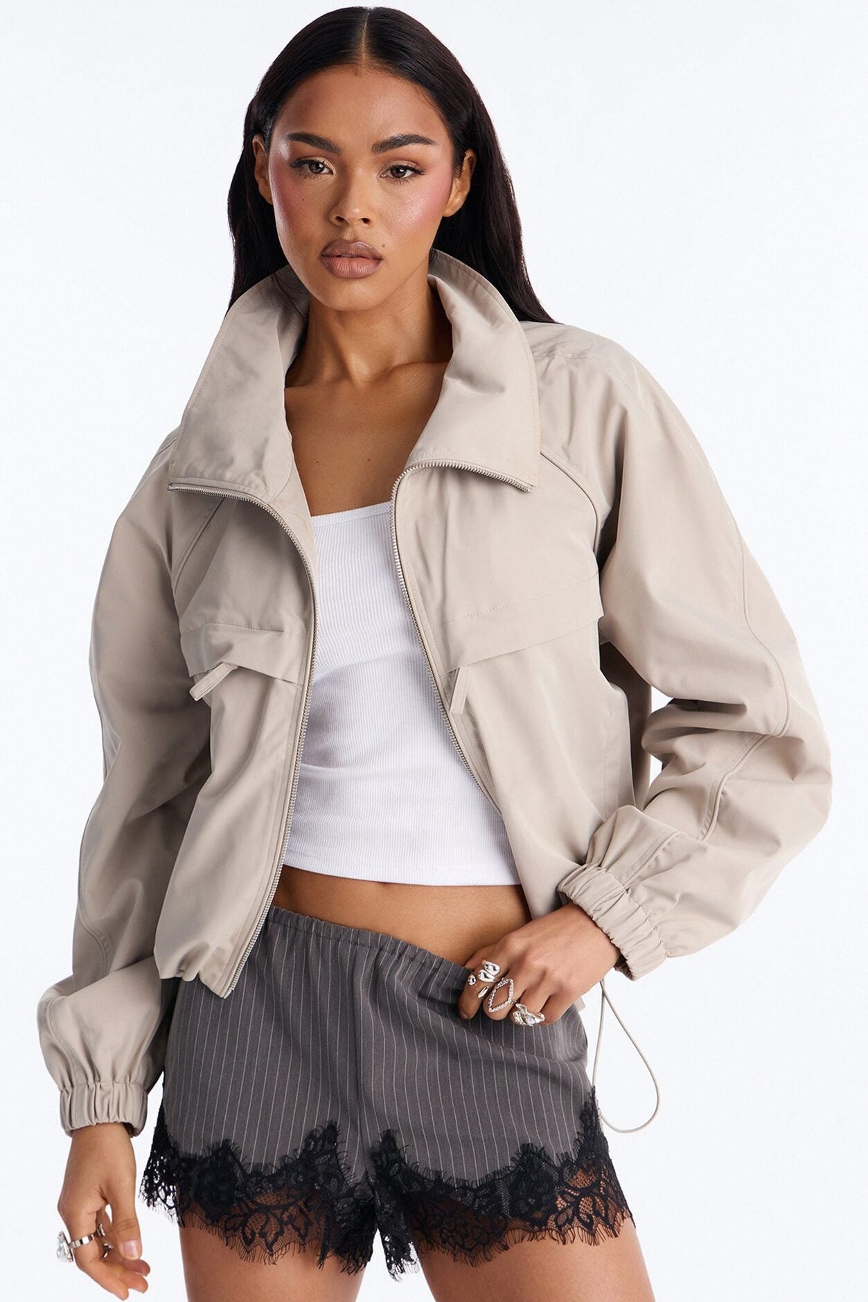Cool Girl Funnel Neck Windbreaker Jacket - Taupe image 2