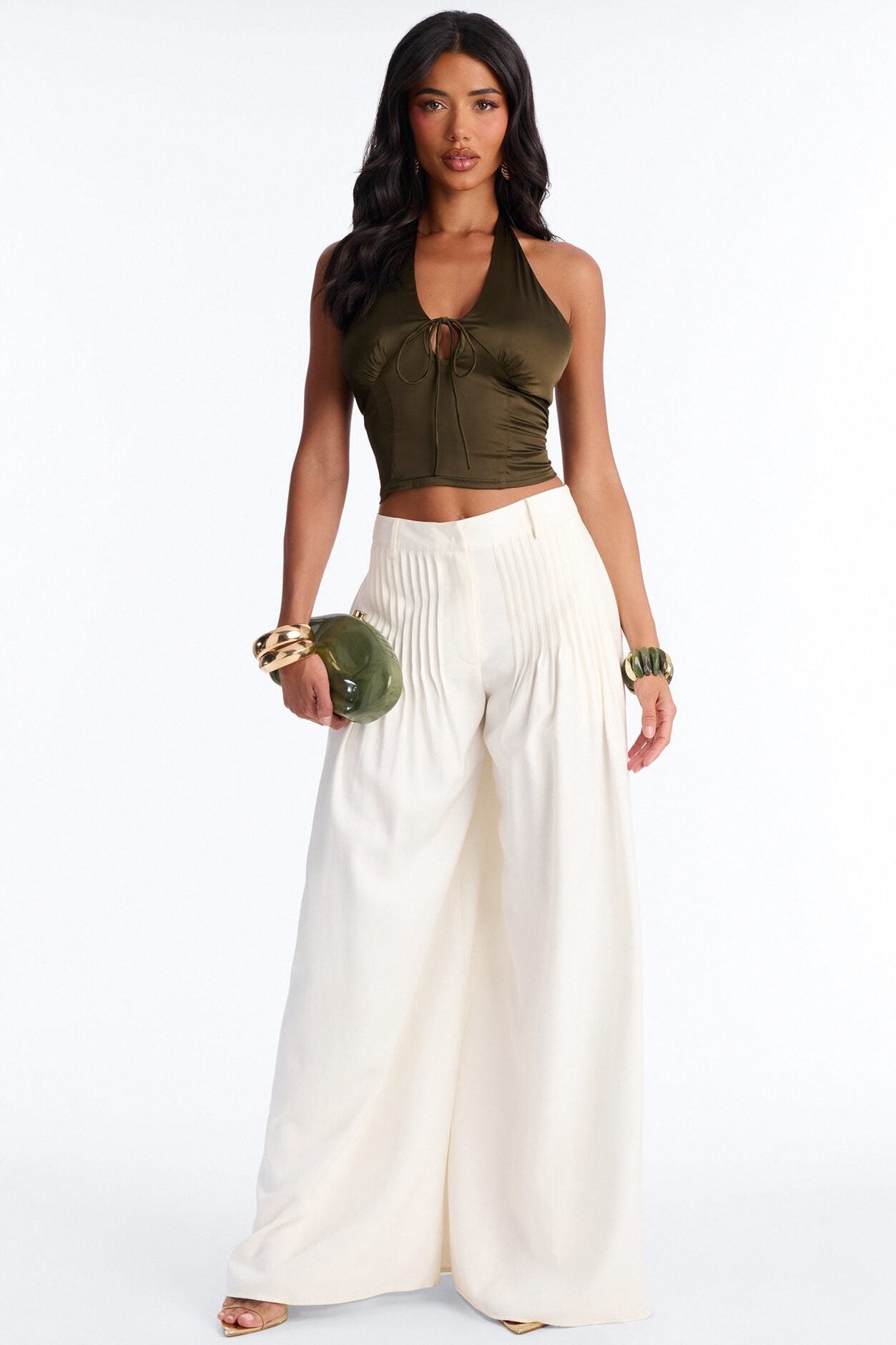 Midnight Mischief Tie Front Satin Halter Top - Dark Olive image 2