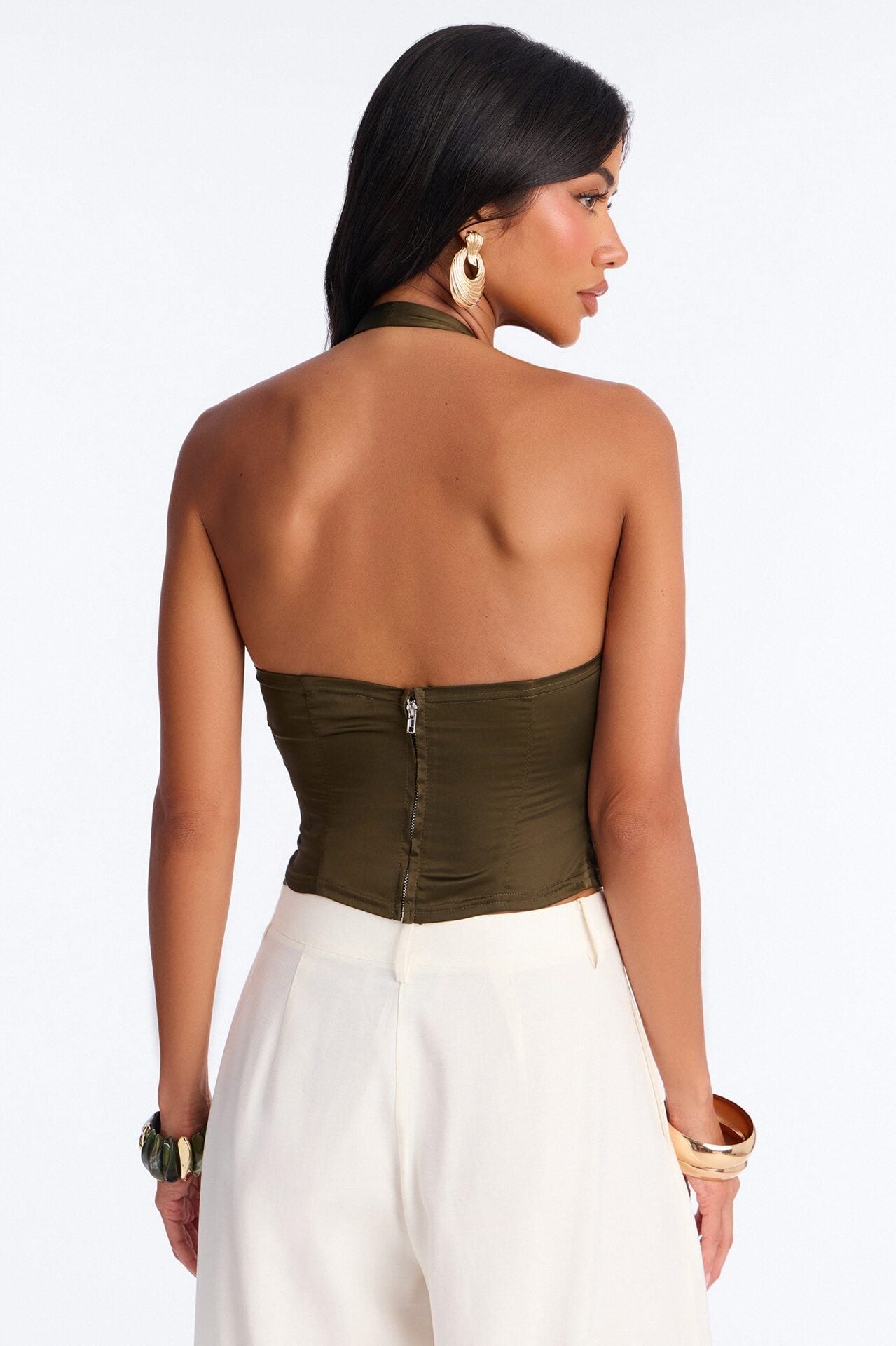 Midnight Mischief Tie Front Satin Halter Top - Dark Olive image 4