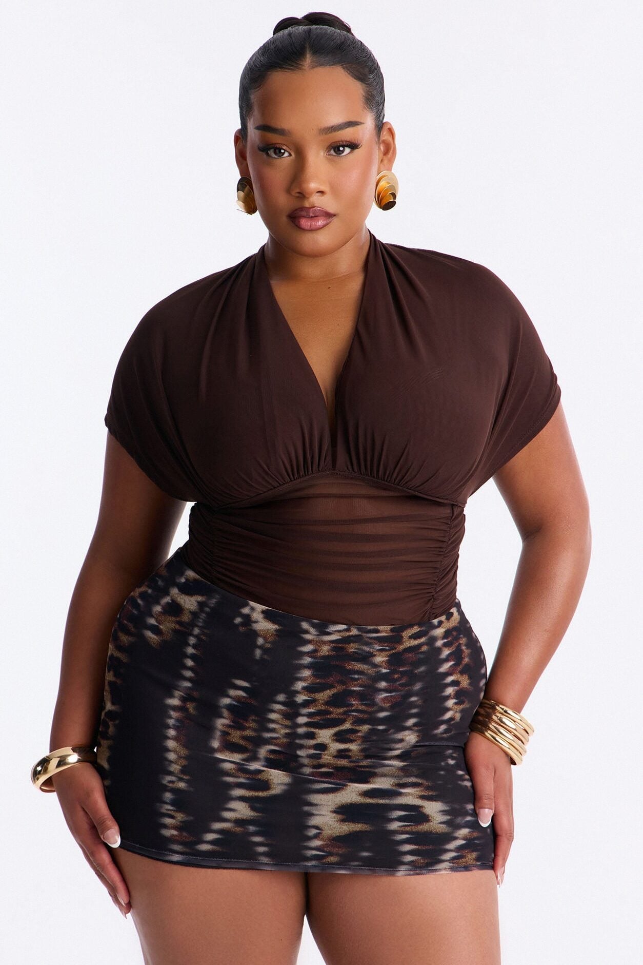 Leilani Sheer Mesh Ruched Short Sleeve Bodysuit - Brown image 8