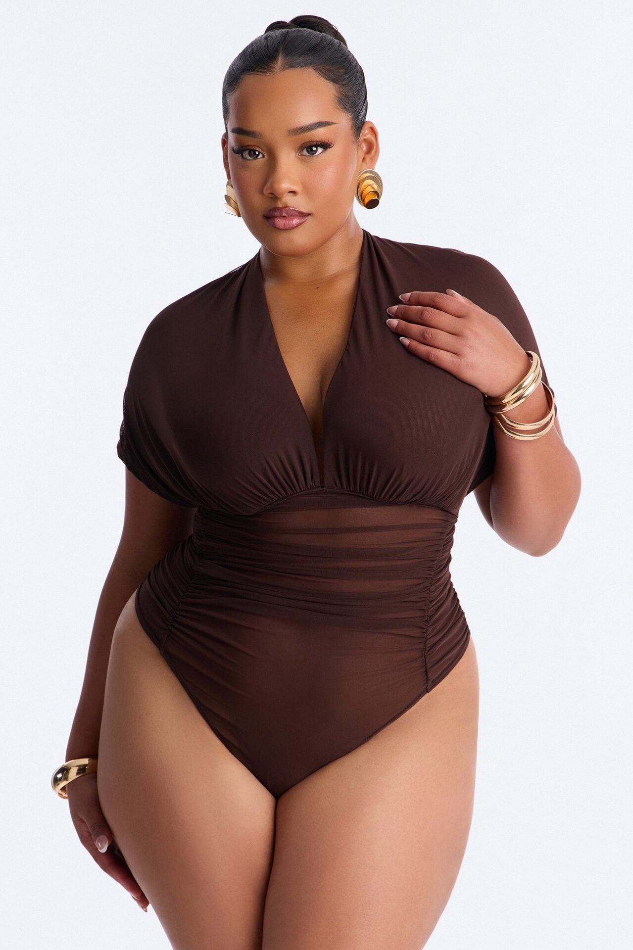 Leilani Sheer Mesh Ruched Short Sleeve Bodysuit - Brown image 6