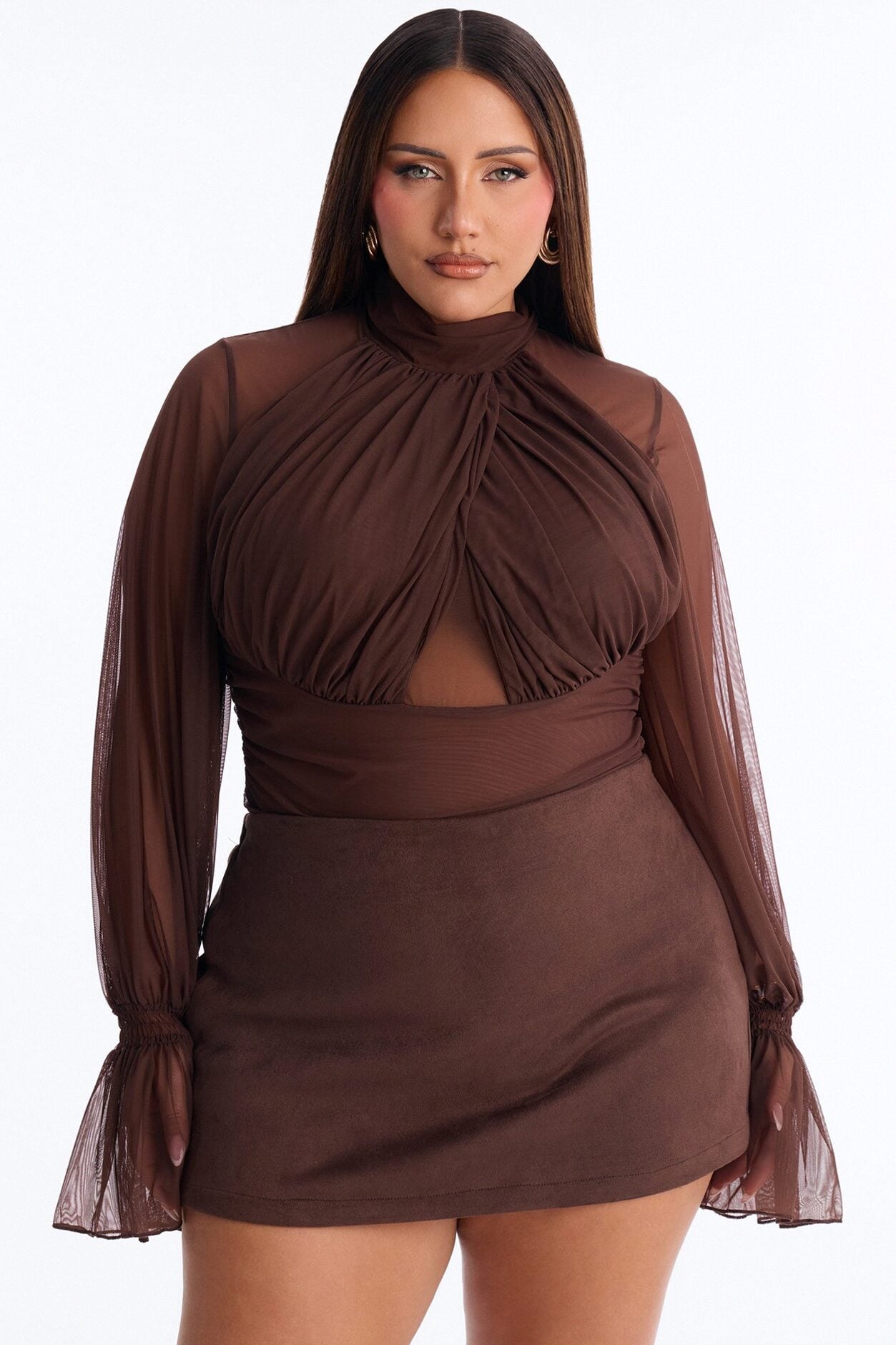 Juliet Ruched Mesh Long Sleeve Bodysuit - Brown image 8