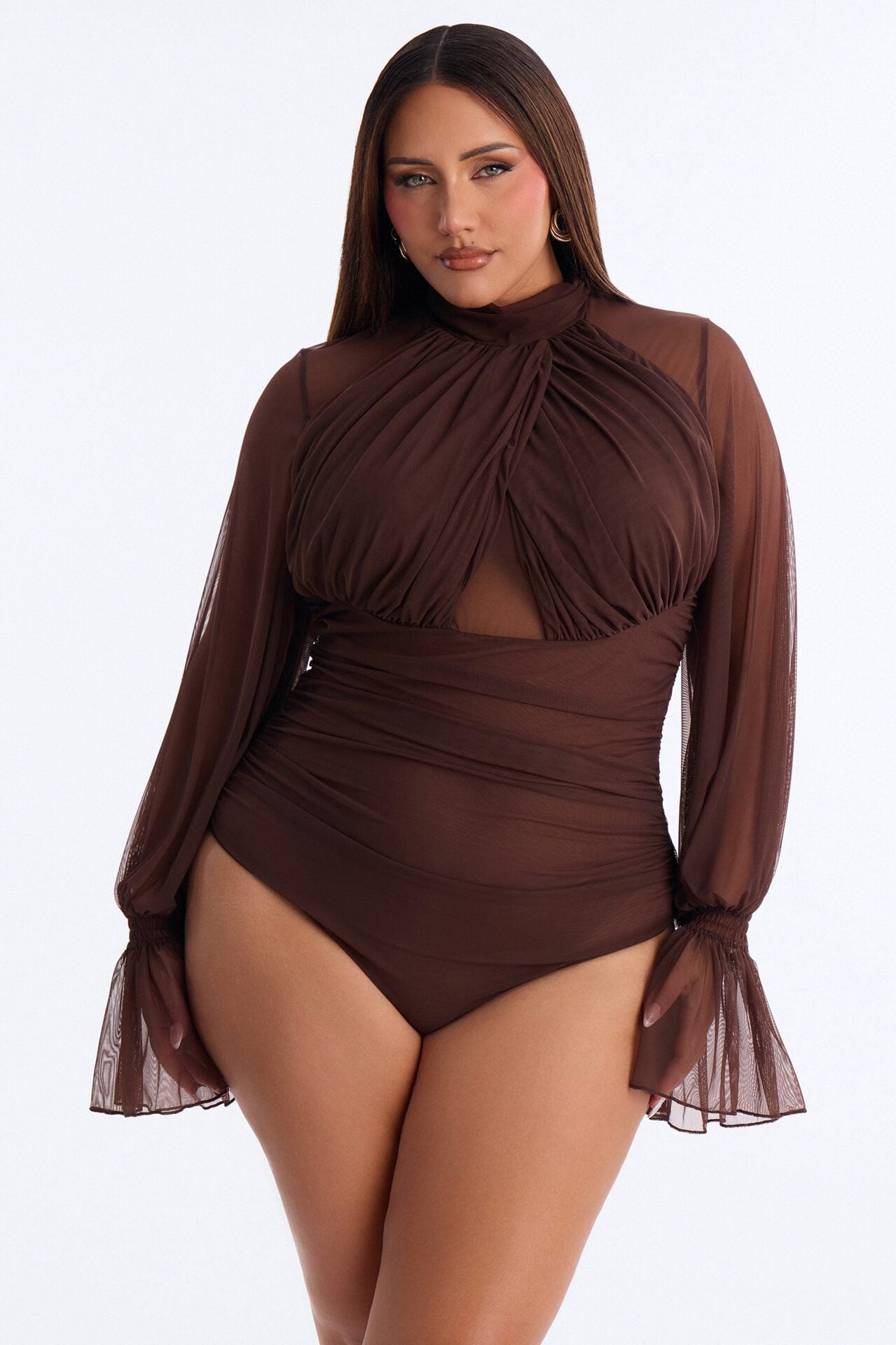 Juliet Ruched Mesh Long Sleeve Bodysuit - Brown image 6