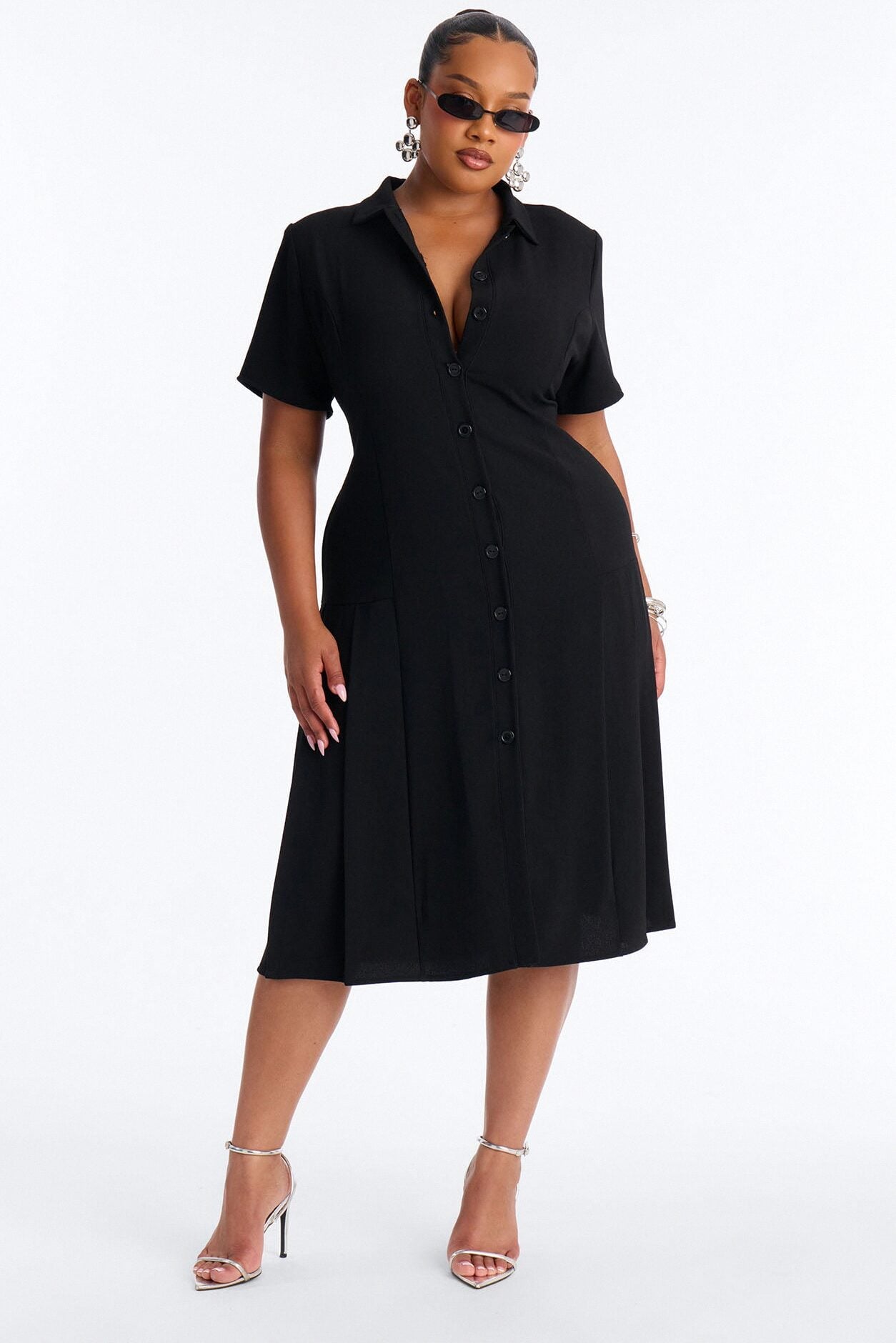 Delaney Button Up Pleated Midi Dress - Black image 1