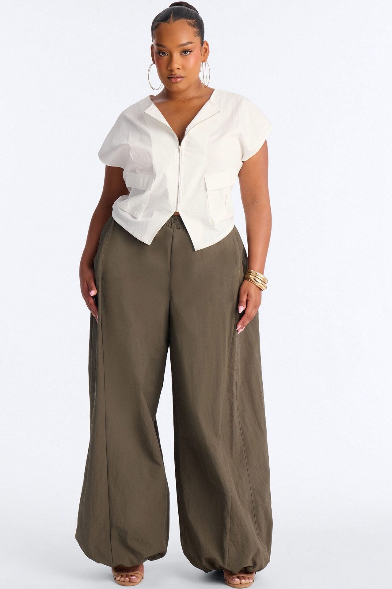 City Steps Front Zip Poplin Top - White image 5