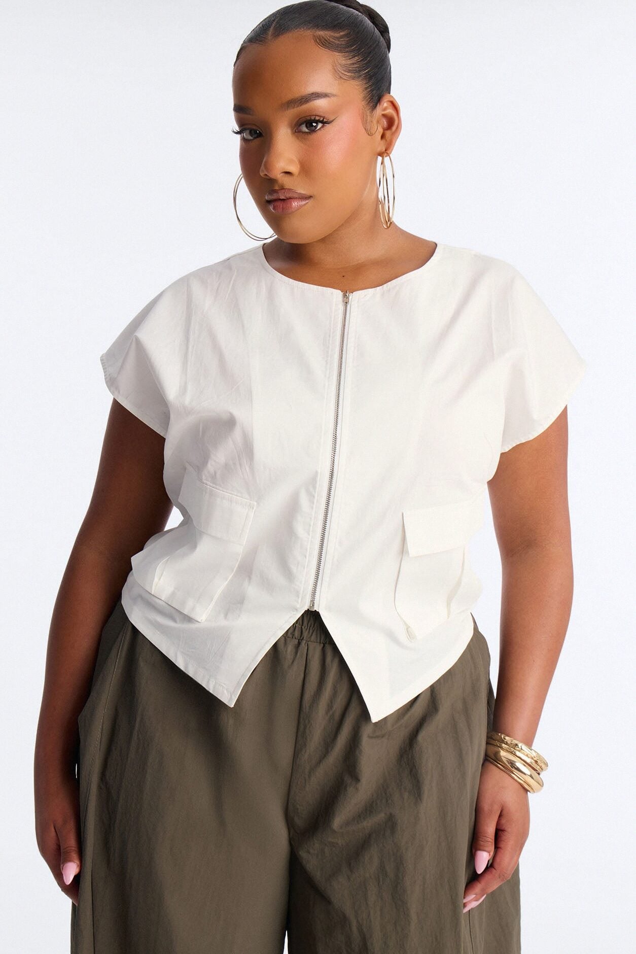 City Steps Front Zip Poplin Top - White image 4