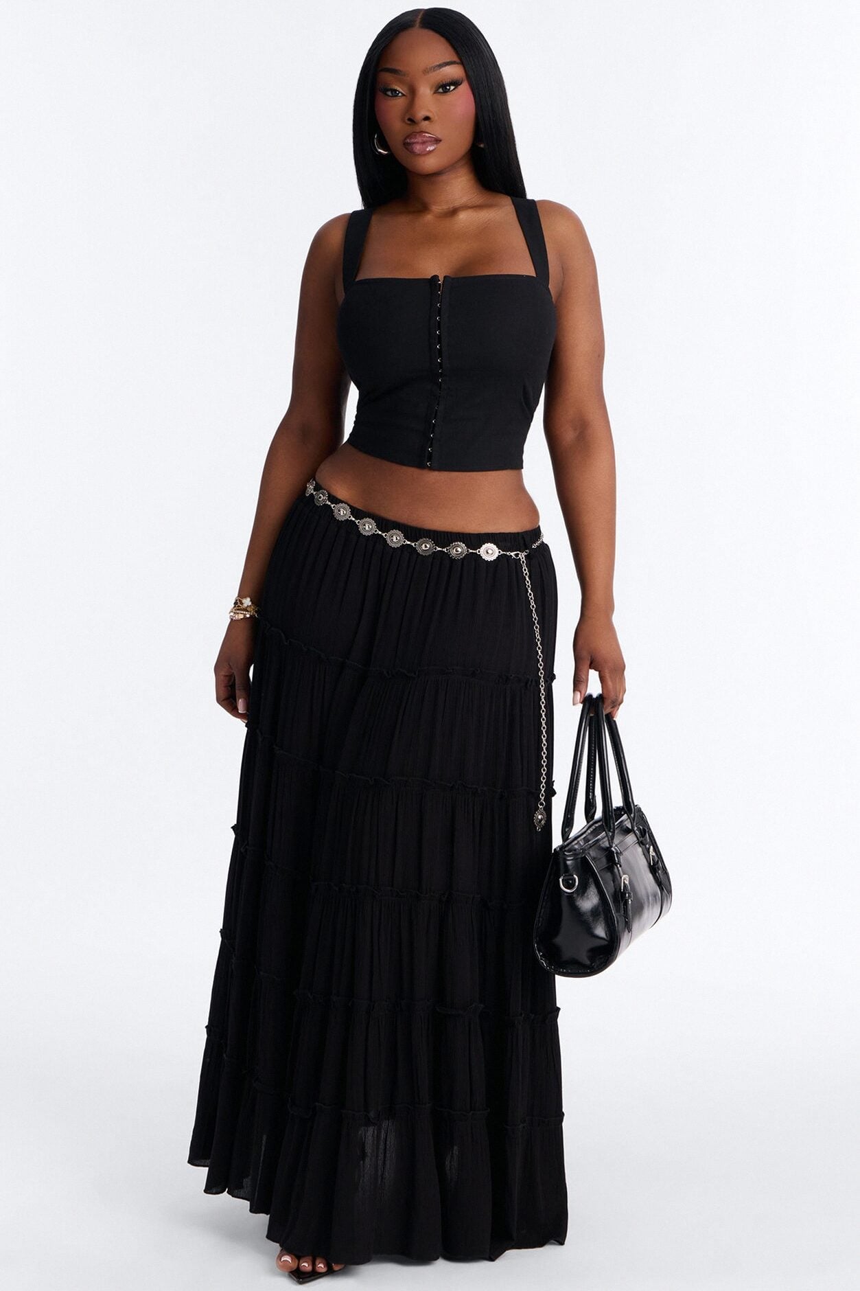 Free Spirit Low Rise Belted Tiered Maxi Skirt - Black image 5