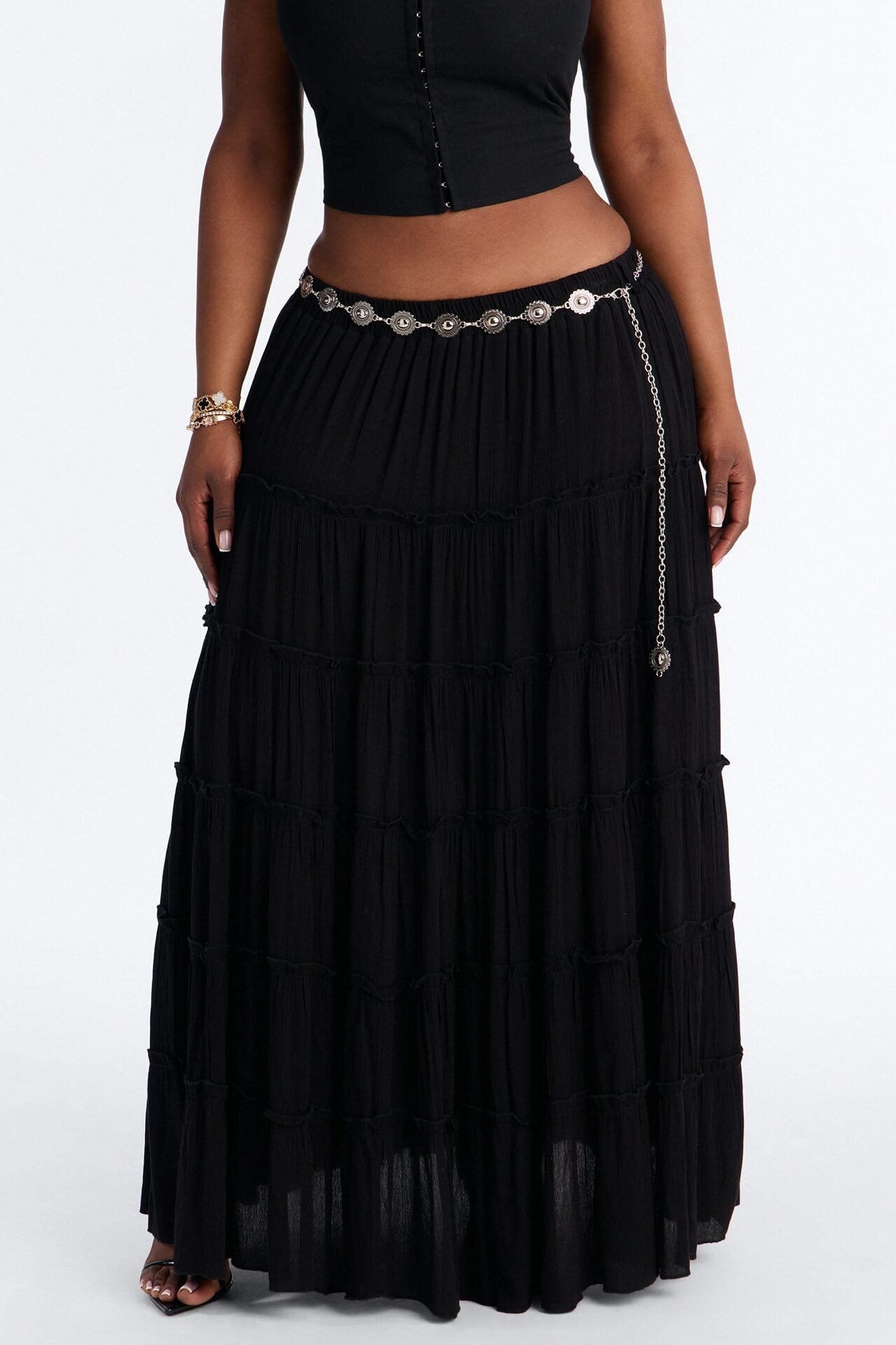 Free Spirit Low Rise Belted Tiered Maxi Skirt - Black image 6