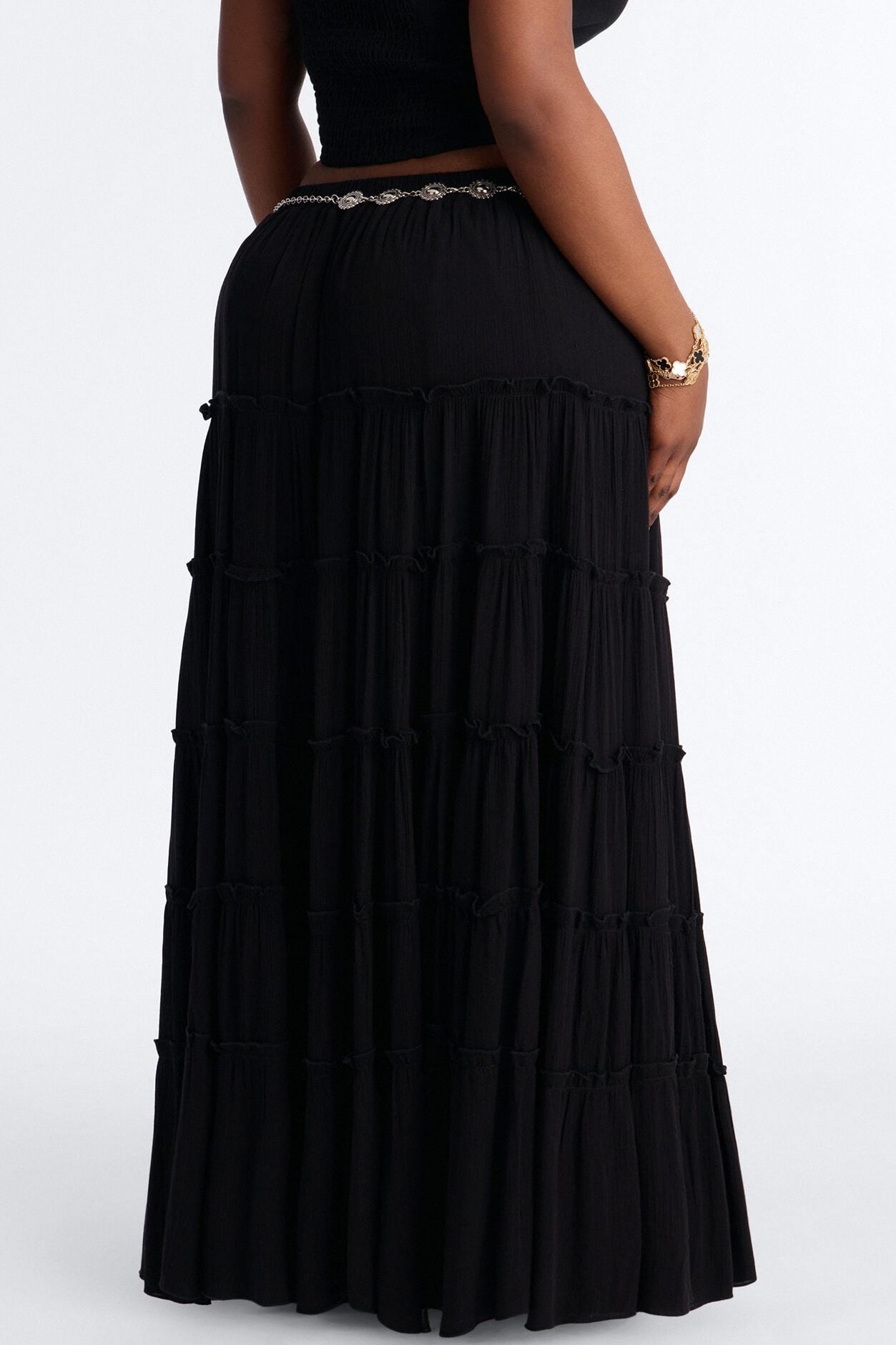 Free Spirit Low Rise Belted Tiered Maxi Skirt - Black image 8