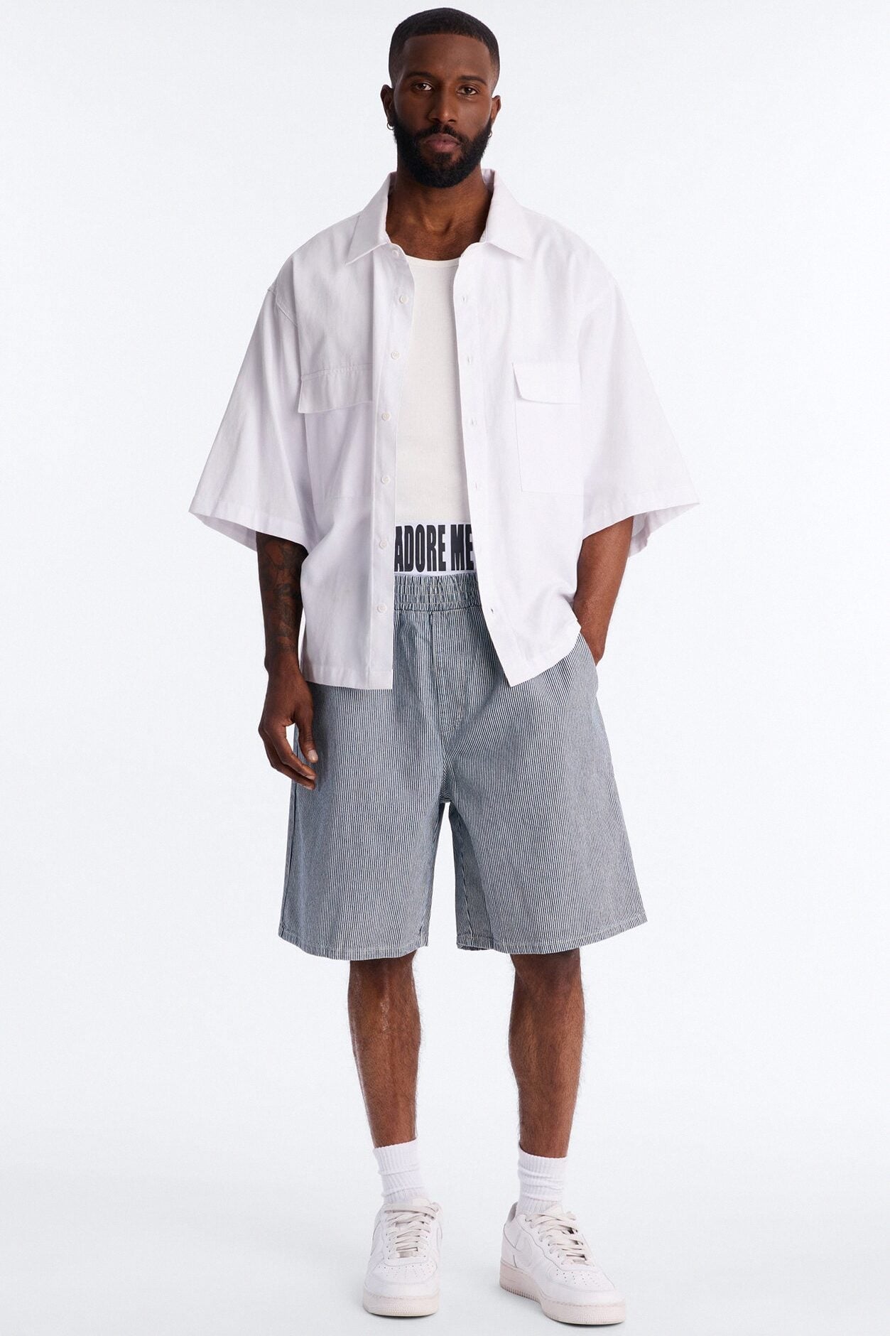 Relaxed Adore Me Double Waistband Pinstripe Short - White/Blue image 2