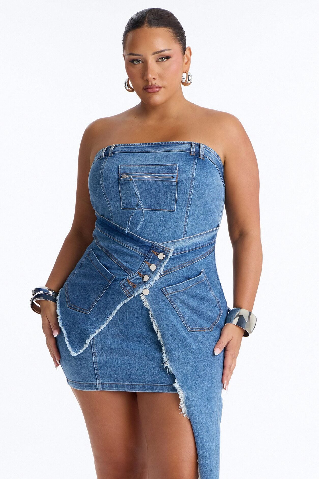 Can't Stop Me Strapless Stretch Denim Mini Dress - Denim image 1
