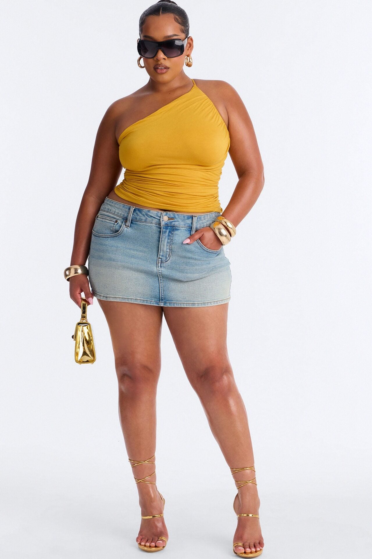 Kehlani One Shoulder Ruched Sleeveless Top - Mustard image 1