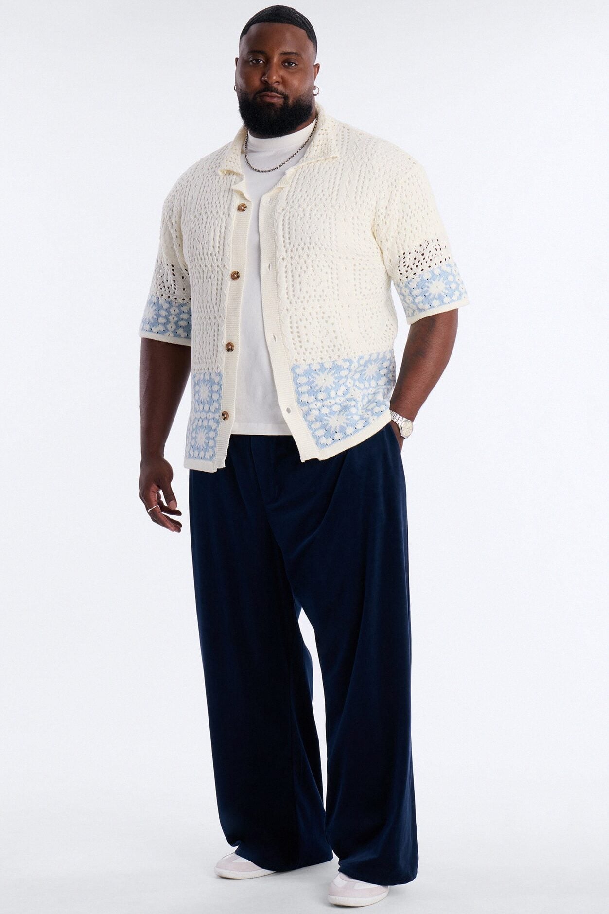 Relaxed Sunstage Crochet Cuban Collar Button Up Shirt - Light Blue image 1