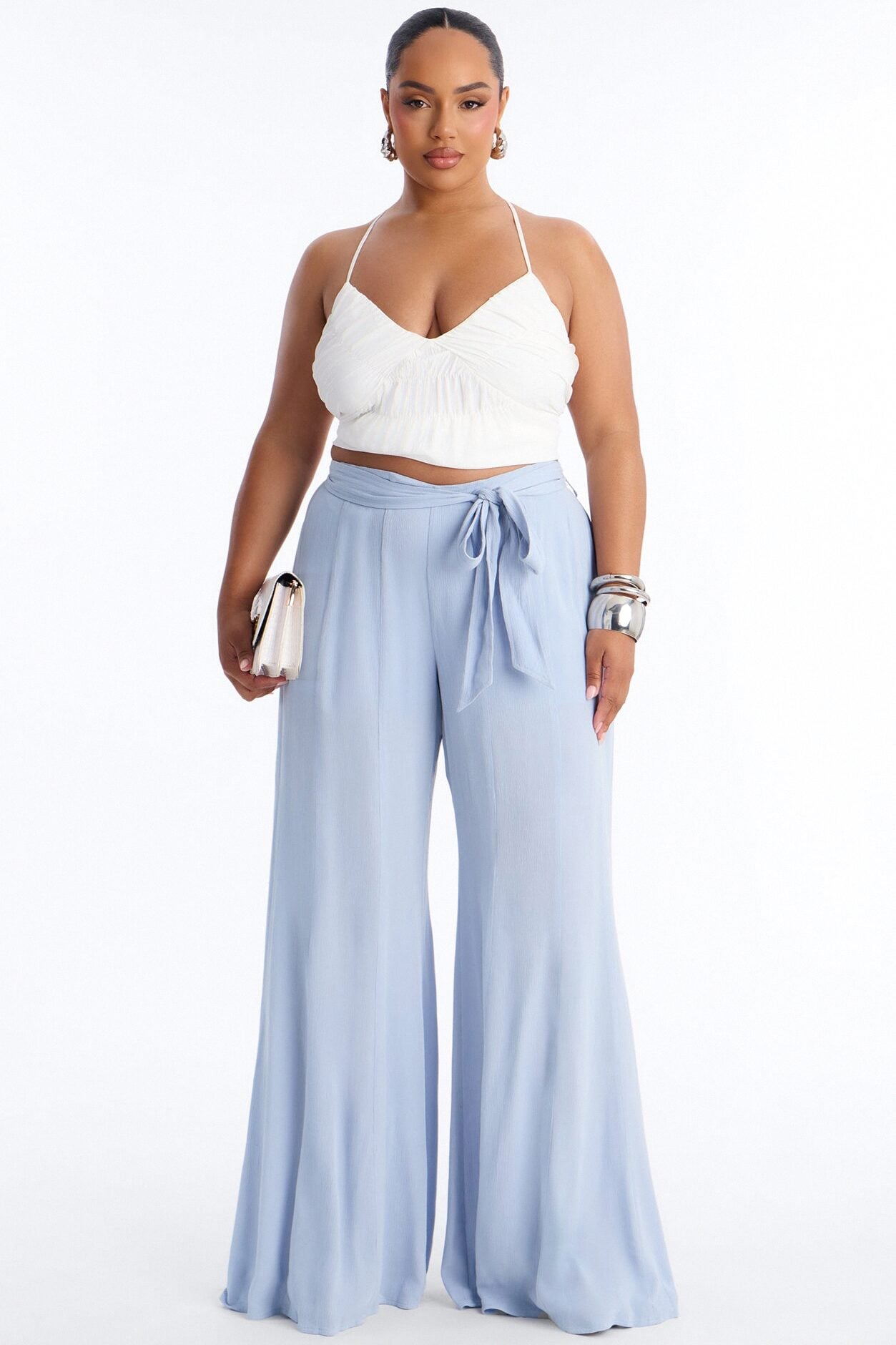 Kelsey Mid Rise Tie Waist Flowy Wide Leg Pant 34″ - Light Blue image 1