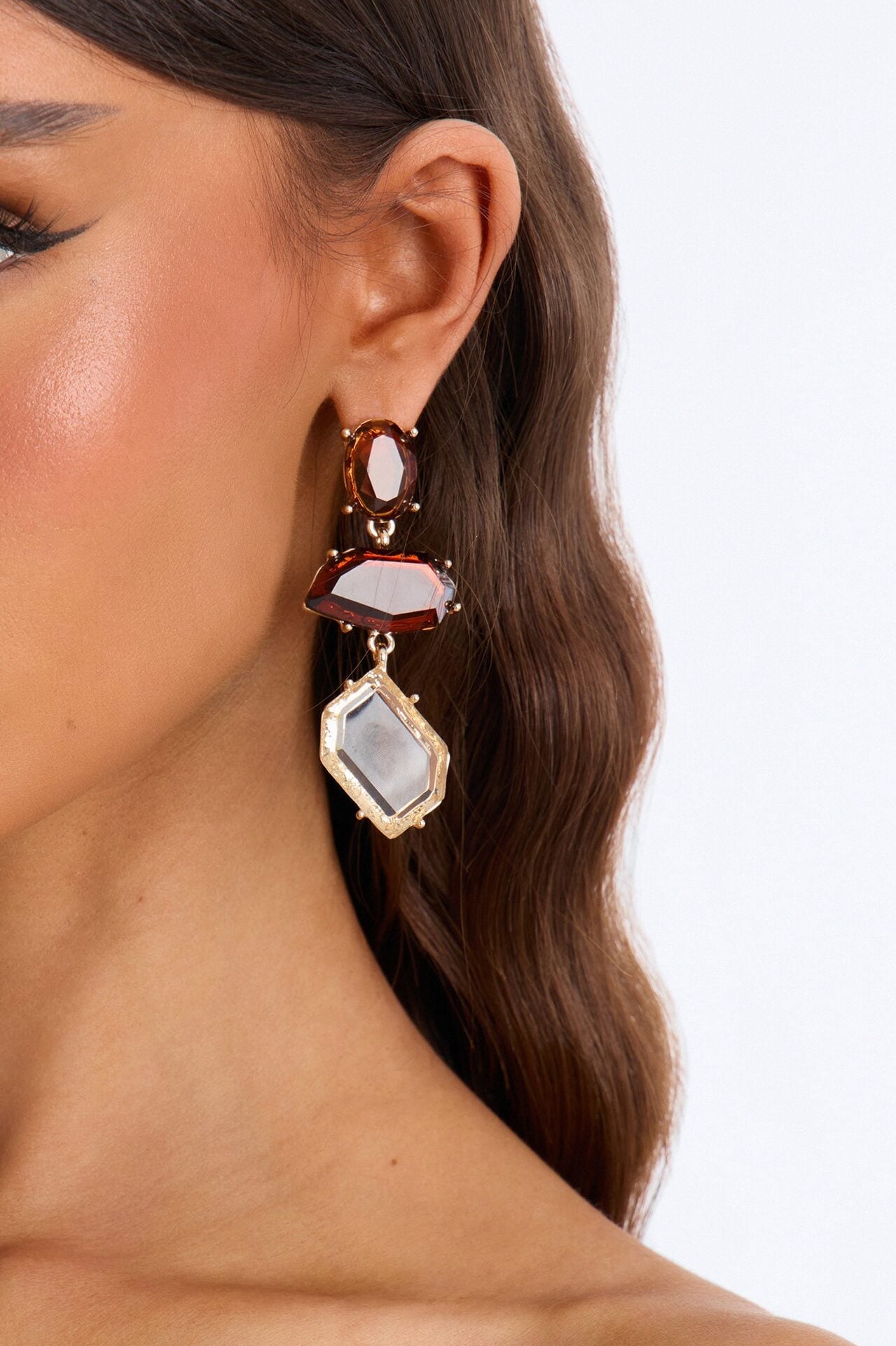 Earthy Smoky Jeweled Drop Earrings - Gold/Brown image 2