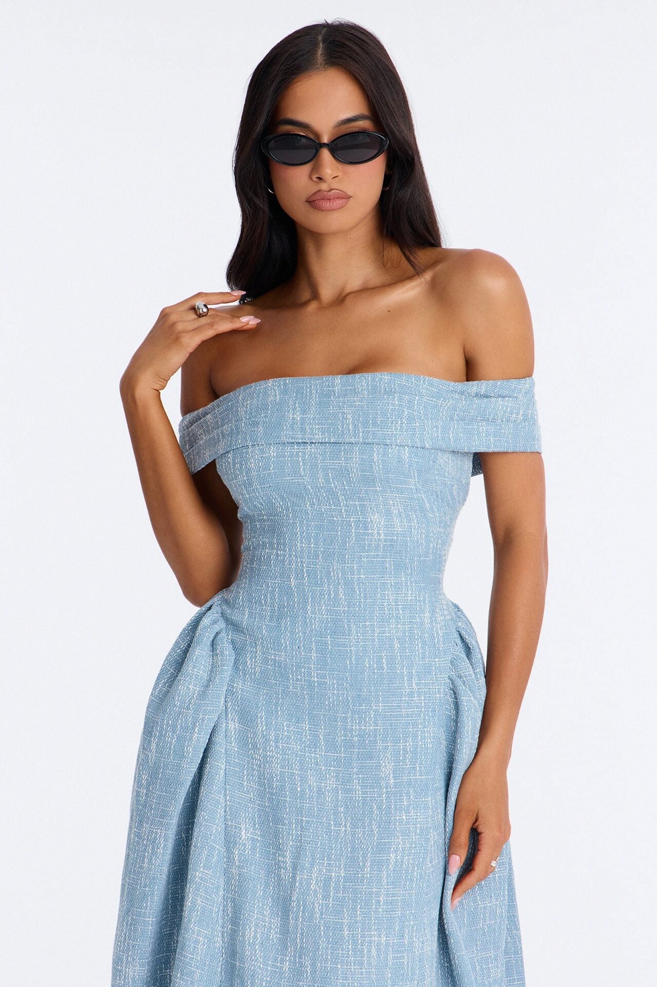 Paisley Off Shoulder Tweed Midi Dress - Denim image 2