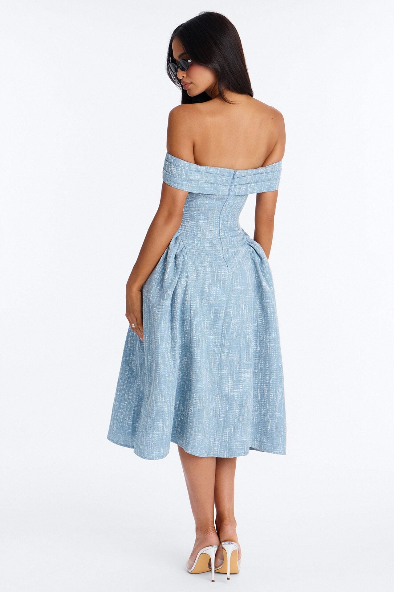 Paisley Off Shoulder Tweed Midi Dress - Denim image 4