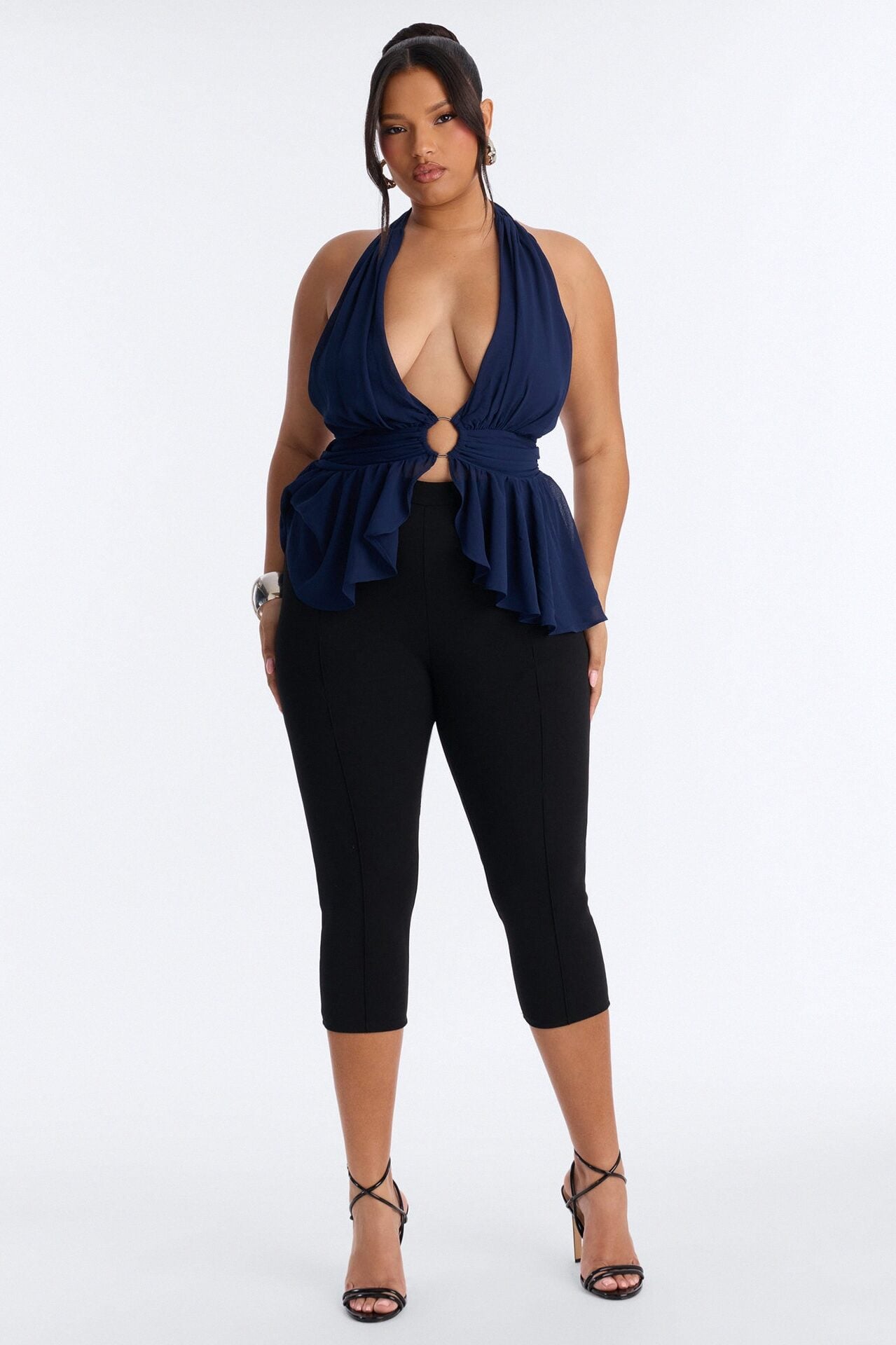 Iced Lattes Ruffle Chiffon Halter Top - Navy image 1