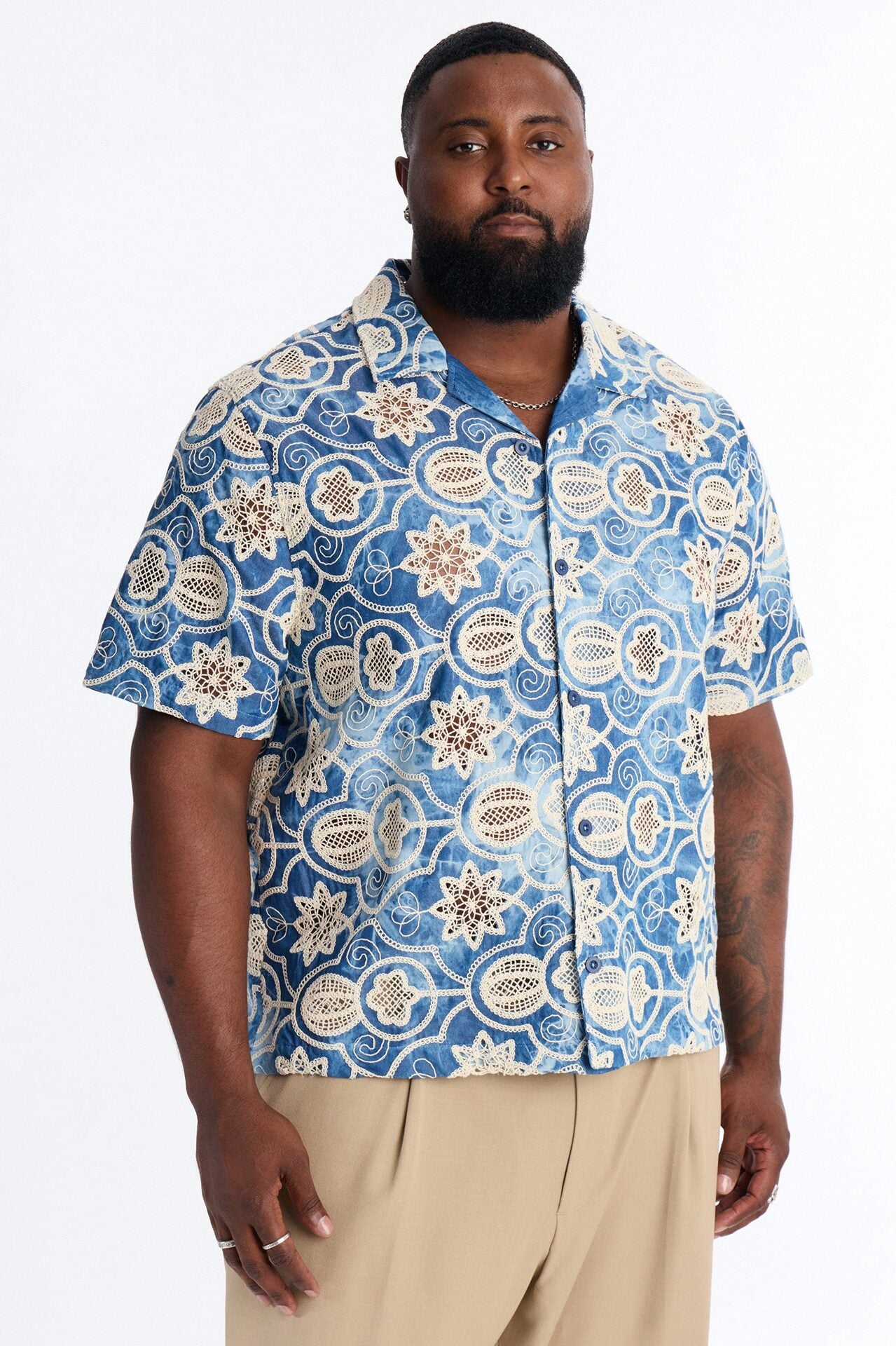 Floral Ties Washed Short Sleeve Cuban Collar Button Up Shirt - Blue image 1