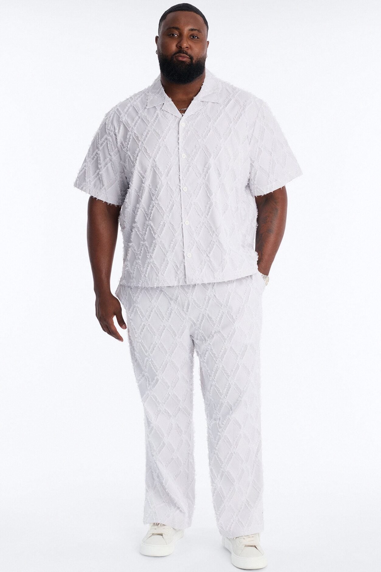 Relaxed Sahara Stripe Cuban Collar Button Up Shirt - White image 1