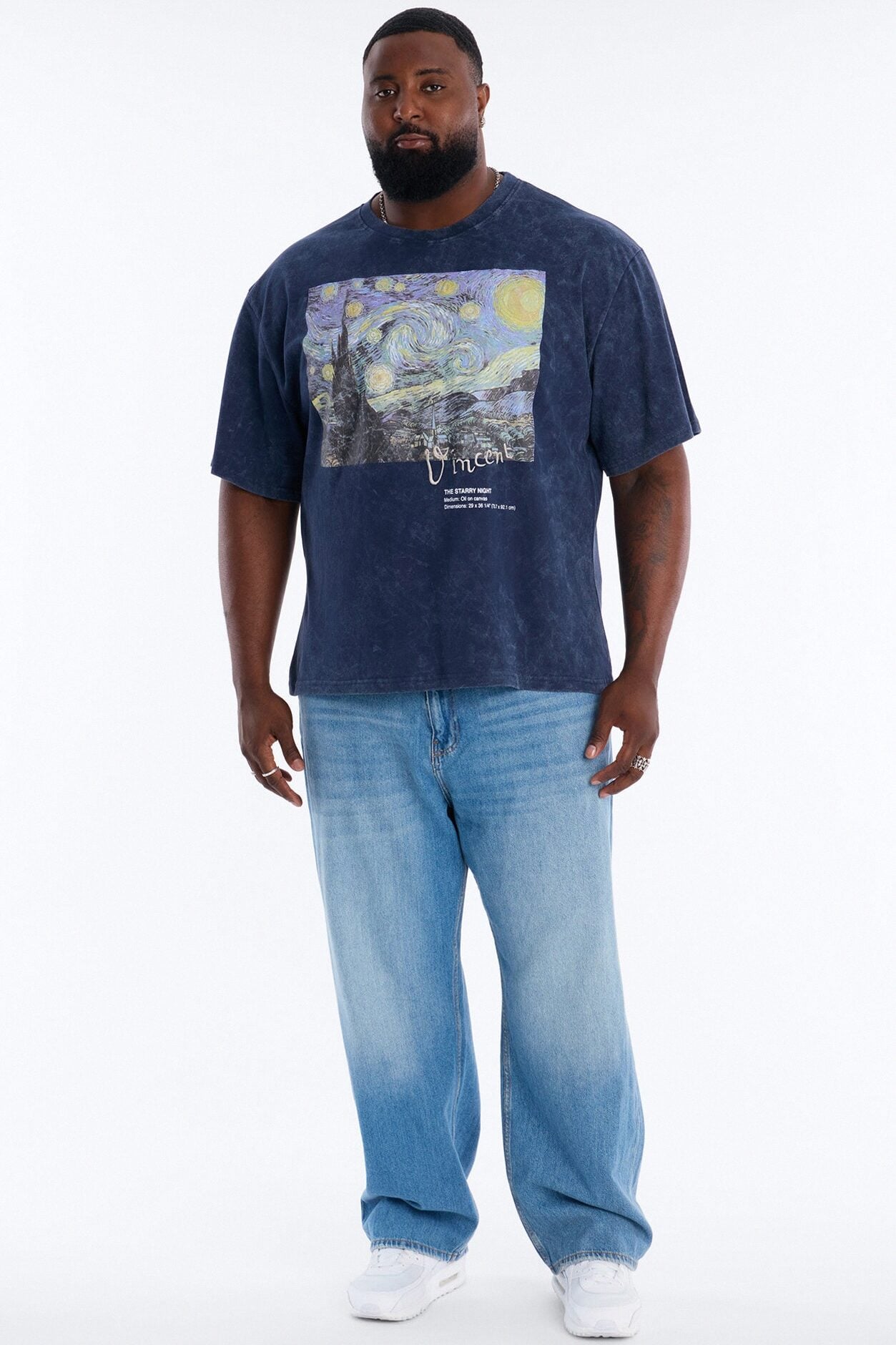 Vincent Van Gogh Starry Night Embroidered Mineral Wash Fleece Tee - Navy image 1