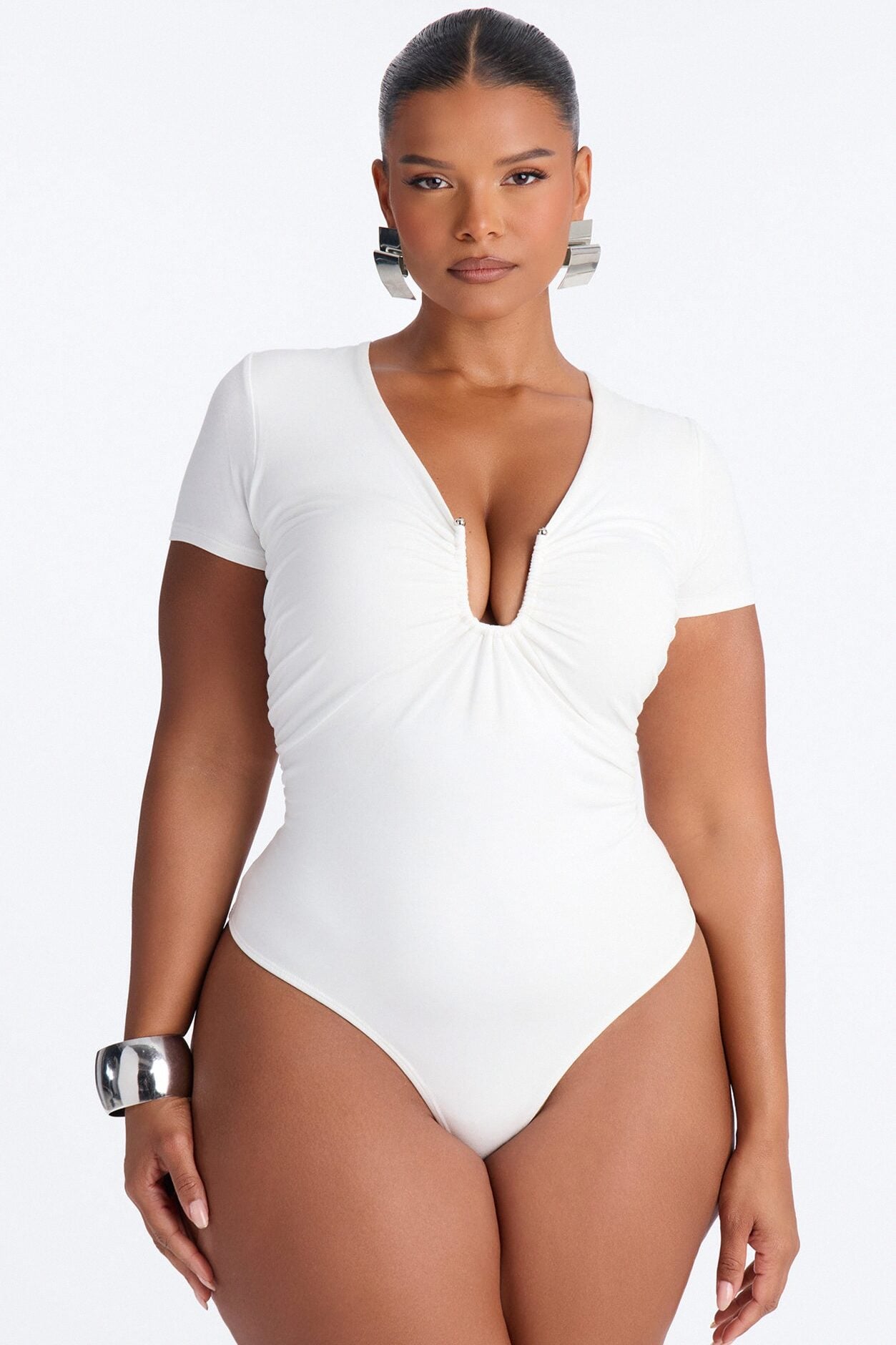 Danielle Deep V Neck Short Sleeve Bodysuit - White image 1