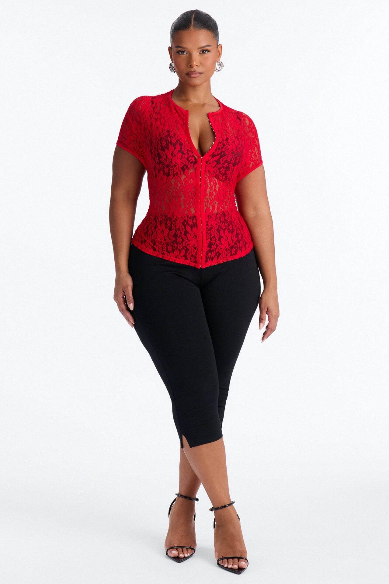 Lani Lace Mock Neck Cap Sleeve Top - Red image 1