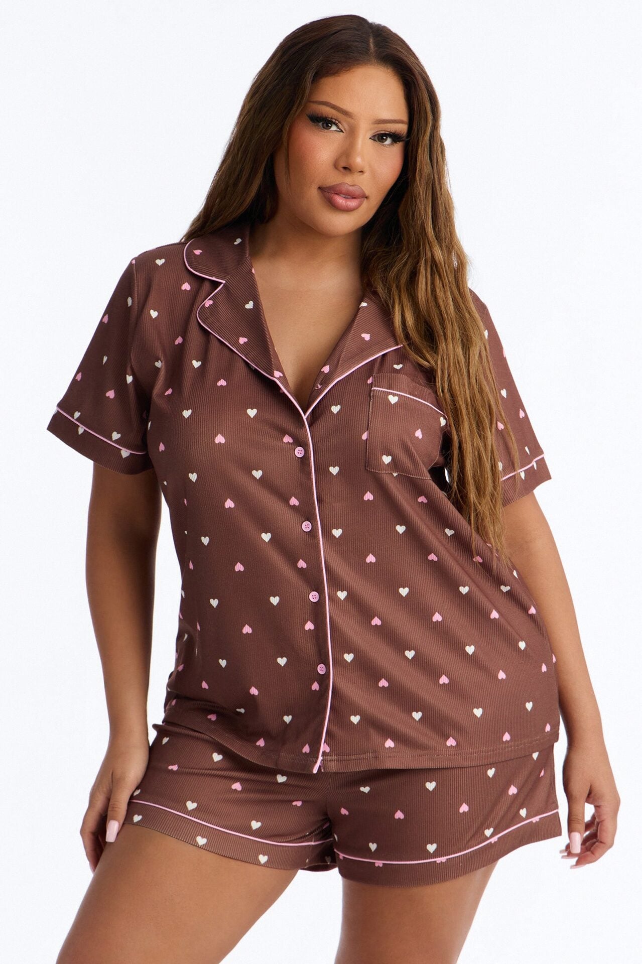 Pieces Of My Heart PJ Short Set - Brown/combo image 1
