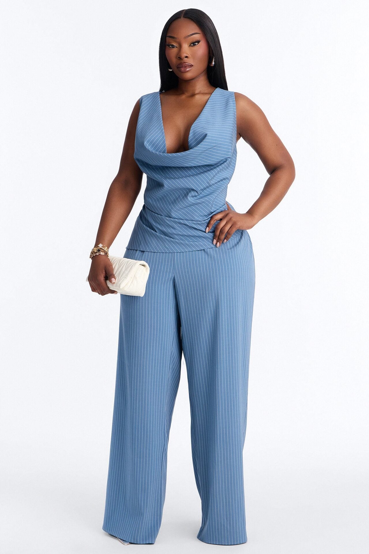Camille Cowl Pinstripe Pant Set - Blue image 1