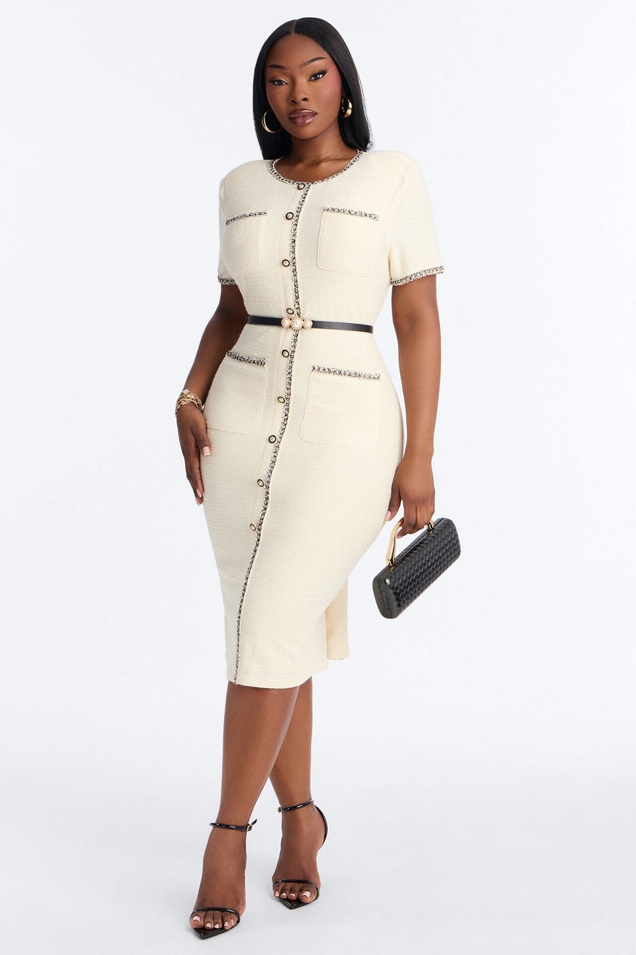 Monique Short Sleeve Tweed Midi Dress - Cream image 1