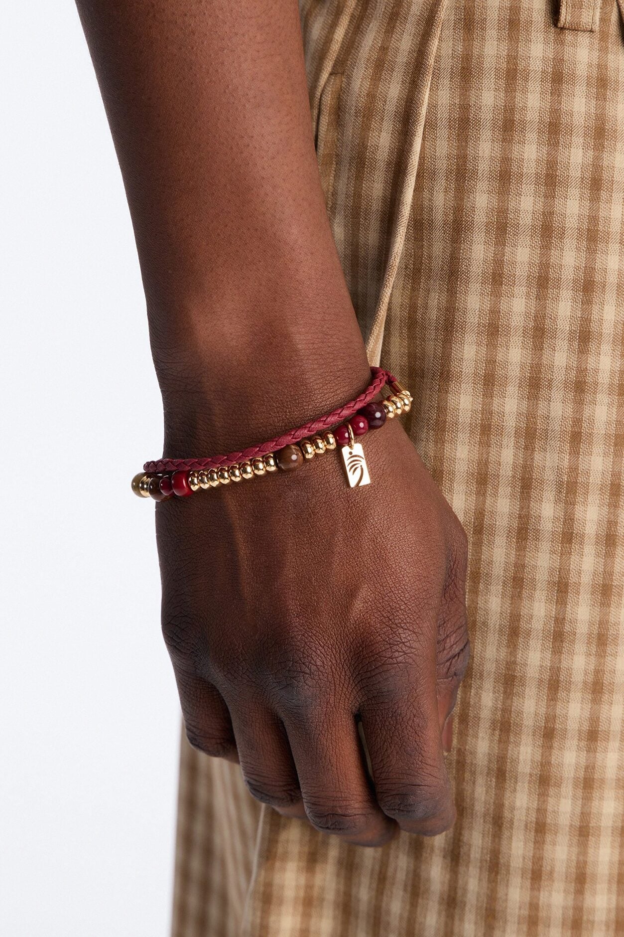 Palm Faux Leather Cording Necklace And Bracelet Set - Burgundy image 2