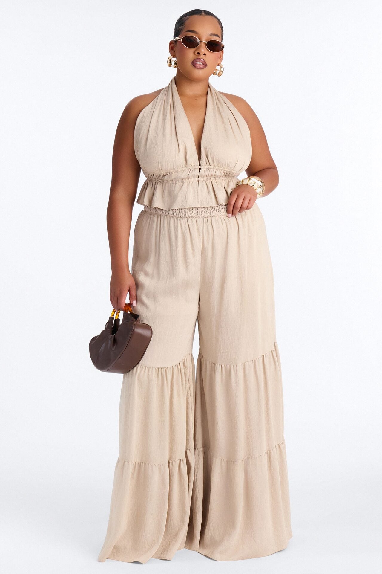 Jaysa Linen Halter Tiered Pant Set - Taupe image 1