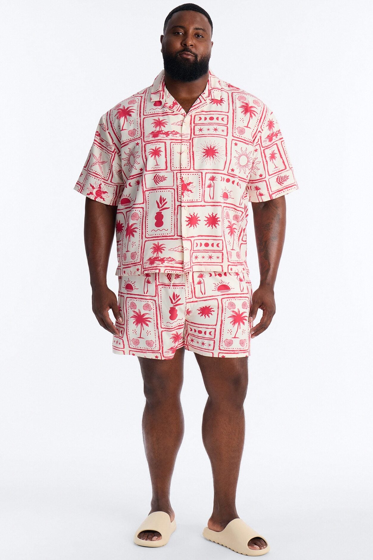 Relaxed Vacation Motif Cuban Collar Button Up Shirt - Red image 1