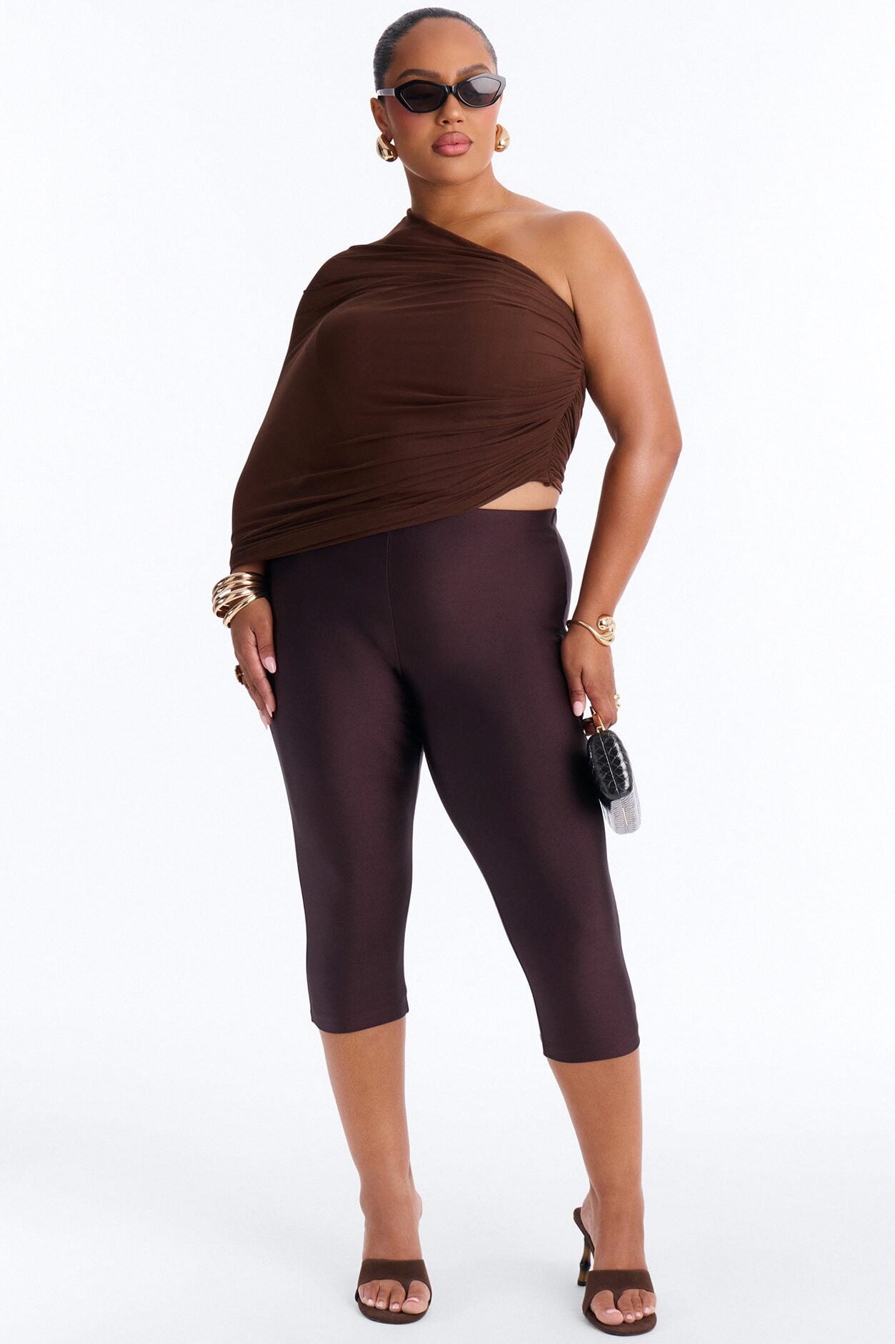 Melissa Ruched Mesh One Shoulder Double Layer Corset Top - Brown image 1