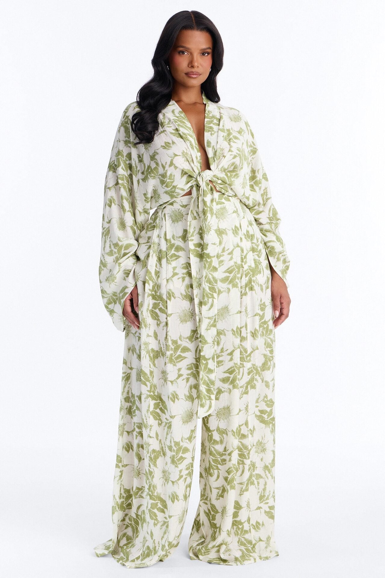 Summer Time Florals Tie Front Blouse - Green/combo image 1