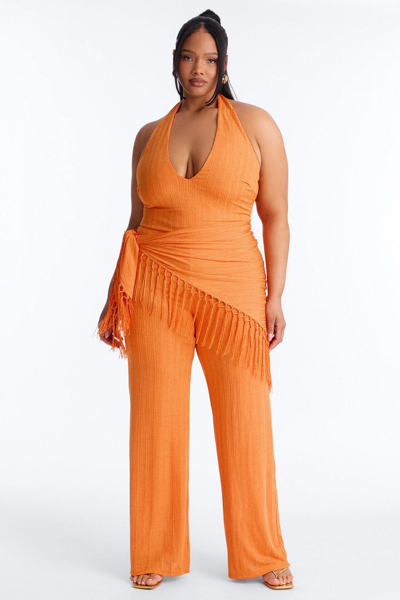 Too Chic Jumpsuit And Waist Scarf Set - Orange image 1