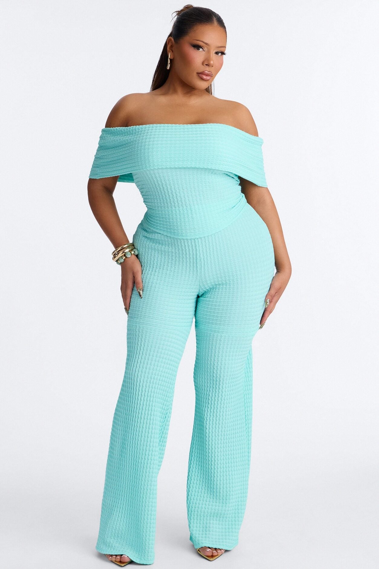 Nicole Textured Off Shoulder Pant Set - Aqua image 1