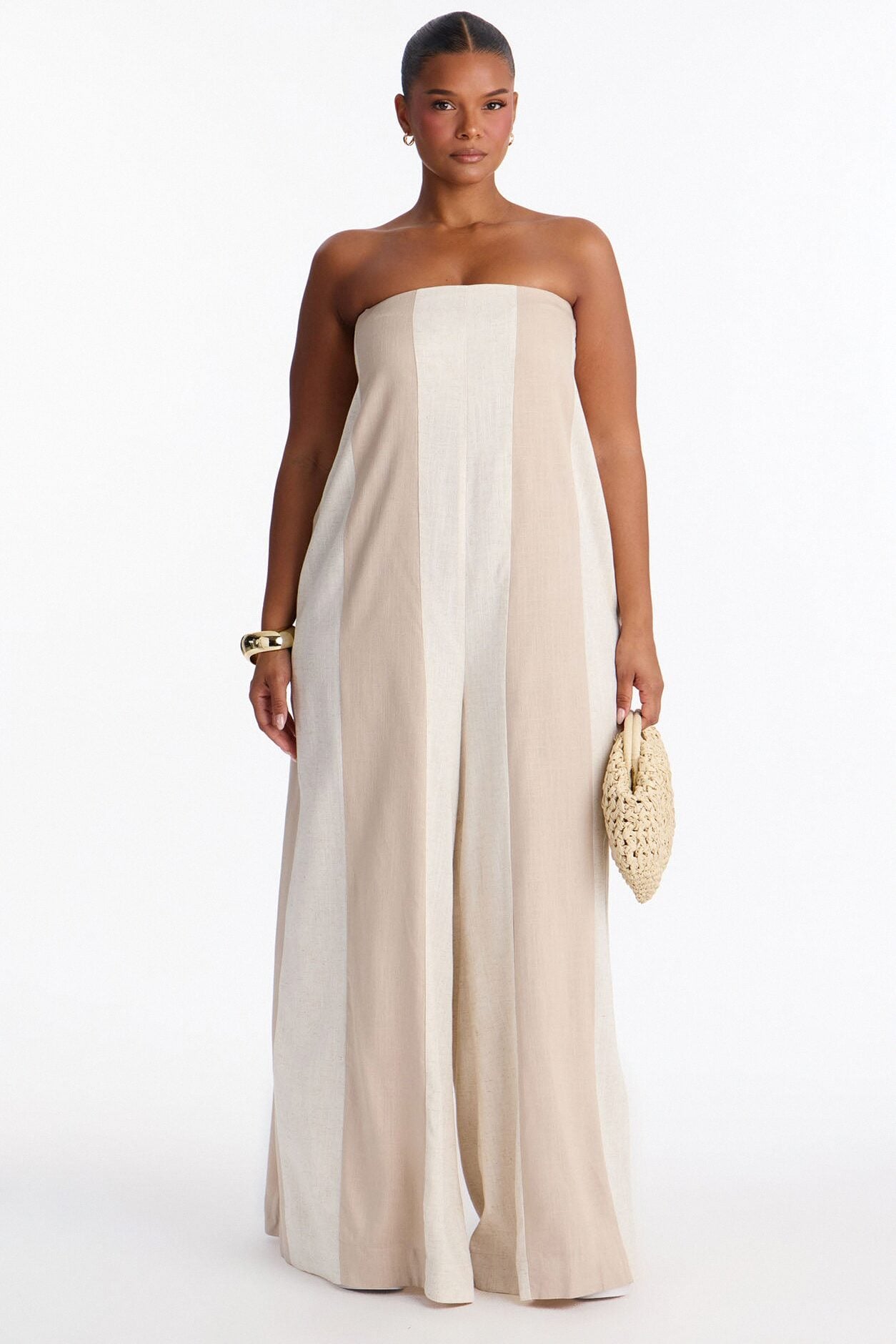 Michelle Striped Strapless Linen Jumpsuit - Taupe image 1