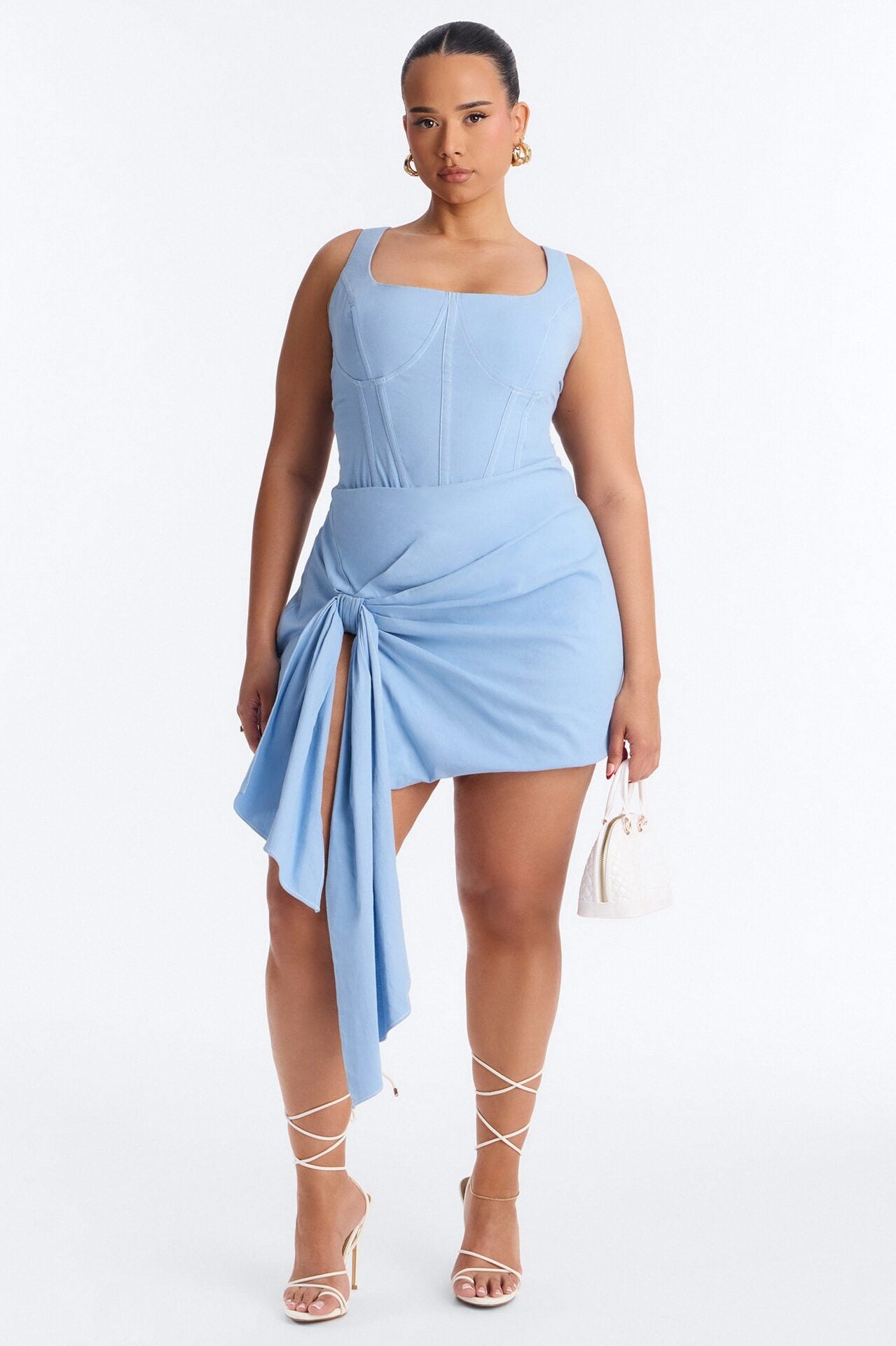 Ivy Draped Linen Bodysuit Skirt Set - Blue image 1