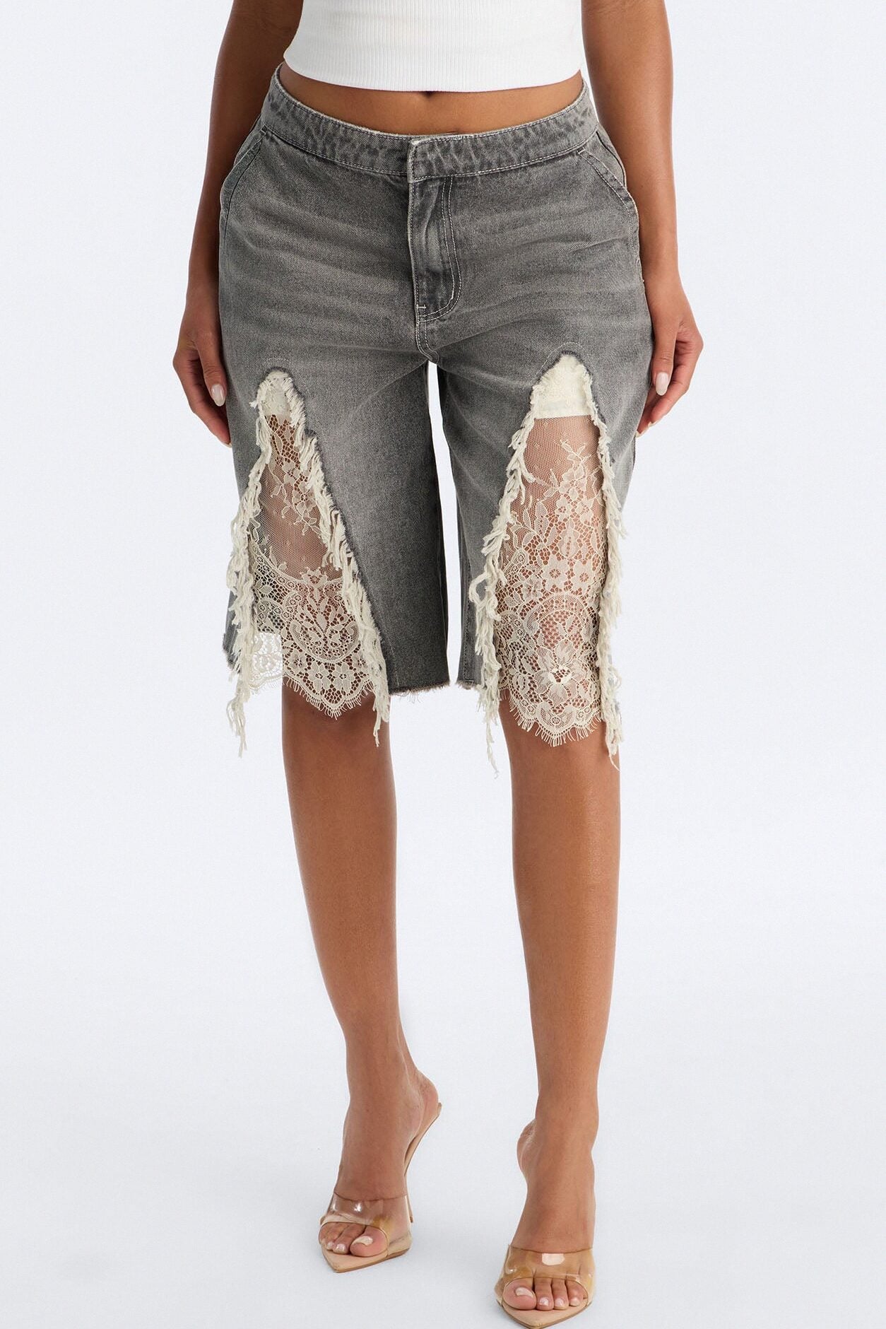 The Way It Goes Lace Detail Denim Jorts - Grey image 2