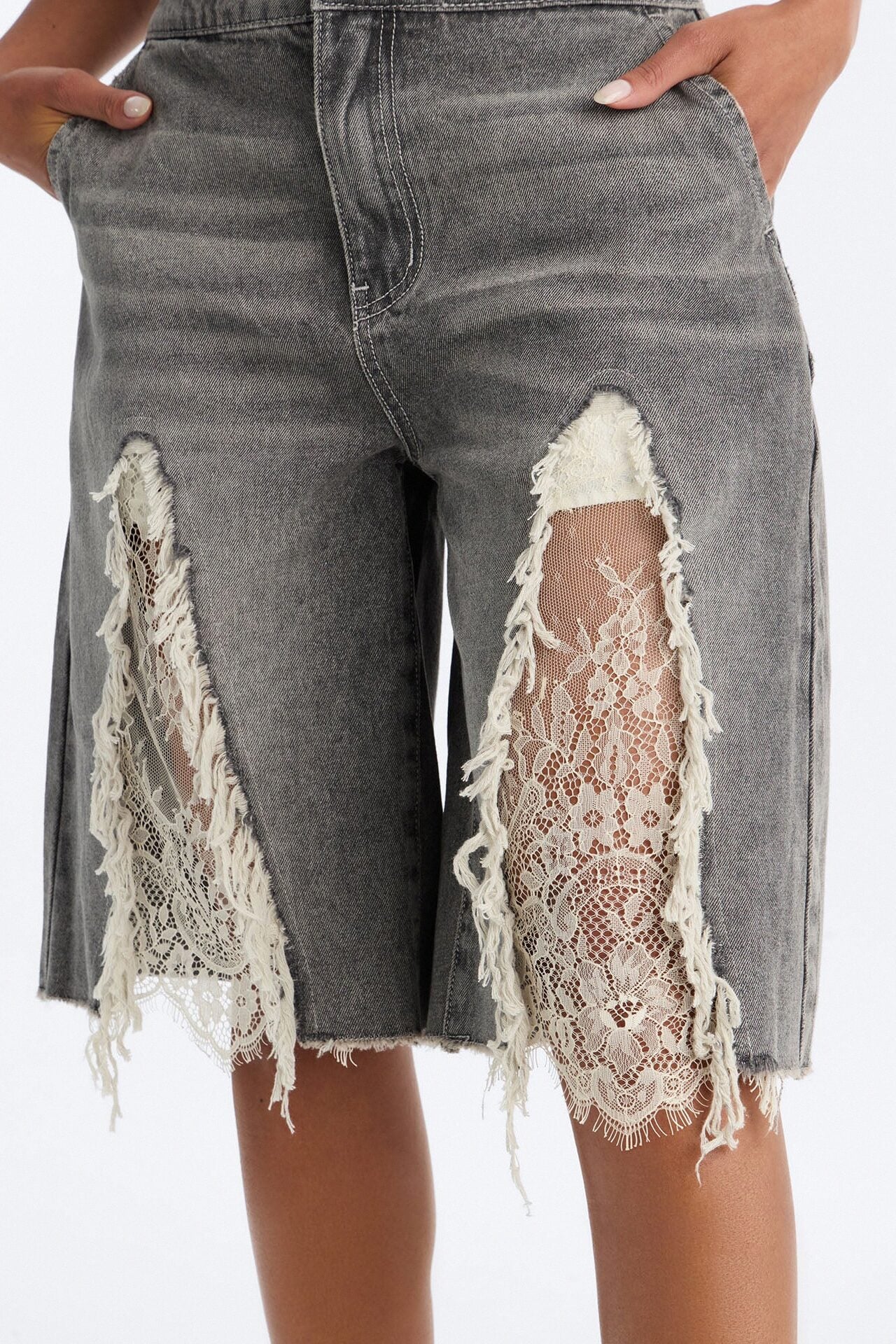 The Way It Goes Lace Detail Denim Jorts - Grey image 3