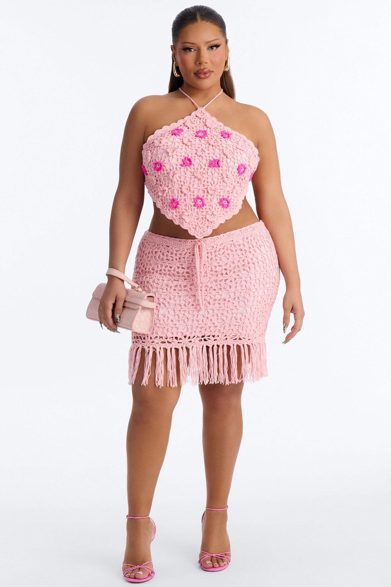 Floral Fringe Crochet Skirt Set - Pink image 1