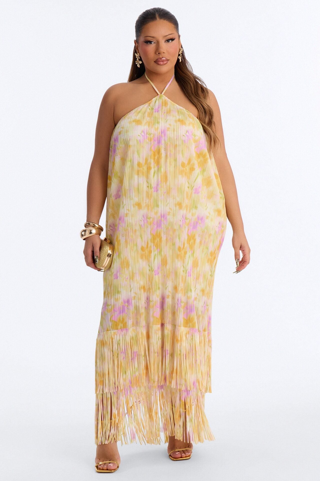Arabella Plisse Fringe Halter Maxi Dress - Yellow/combo image 1