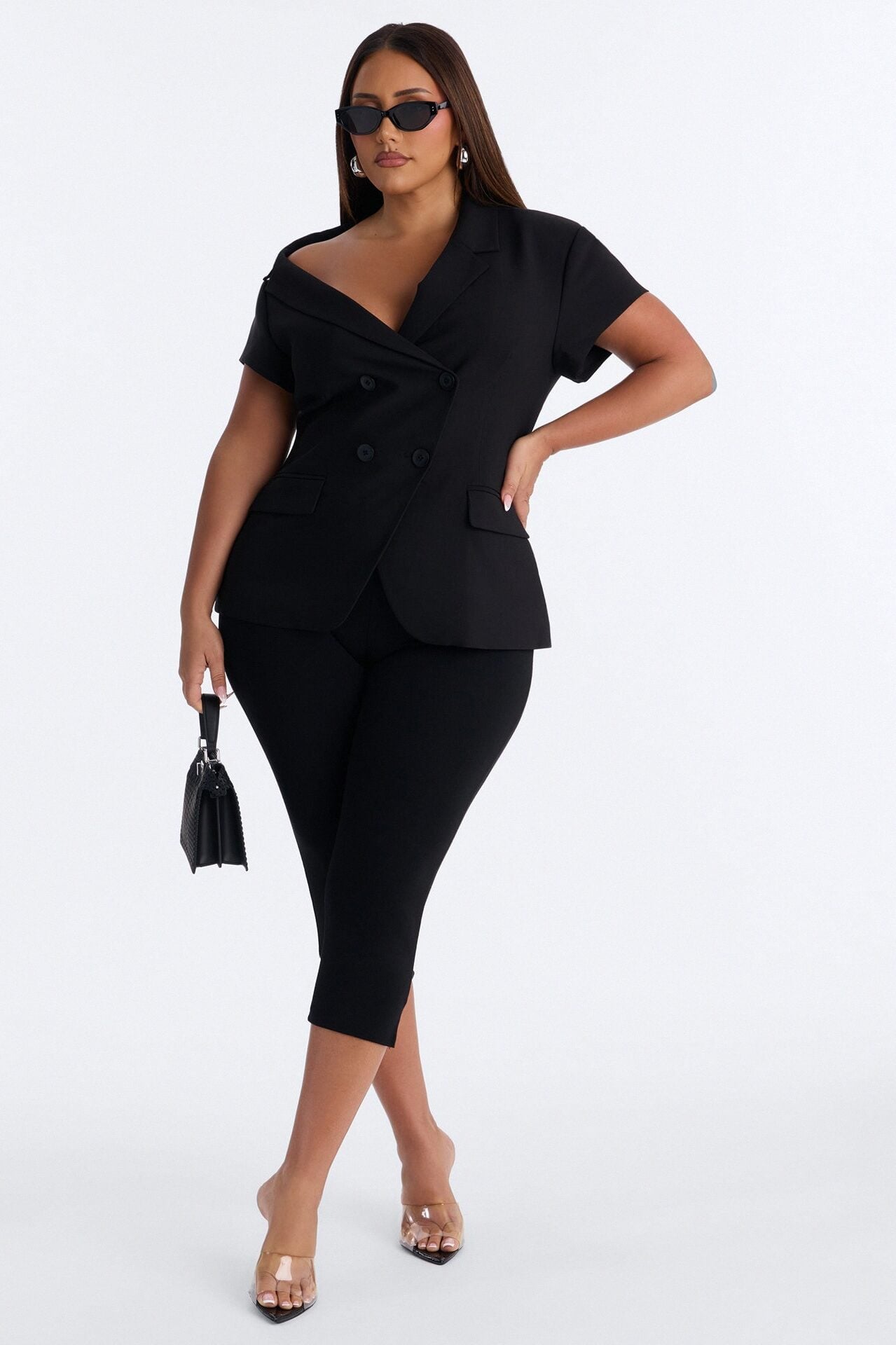 Valerie Asymmetrical Neckline Short Sleeve Blazer - Black image 1