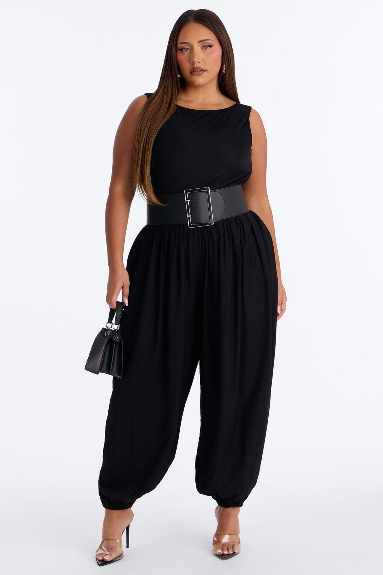 Lacy Belted Balloon Jumpsuit - Black image 1