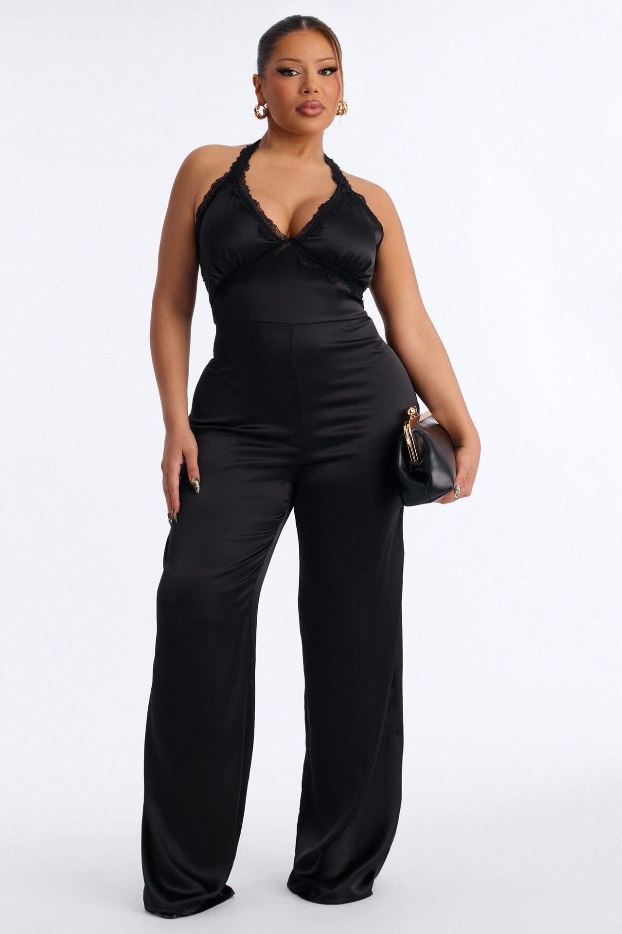 Lina Satin Lace Trim Jumpsuit - Black image 1
