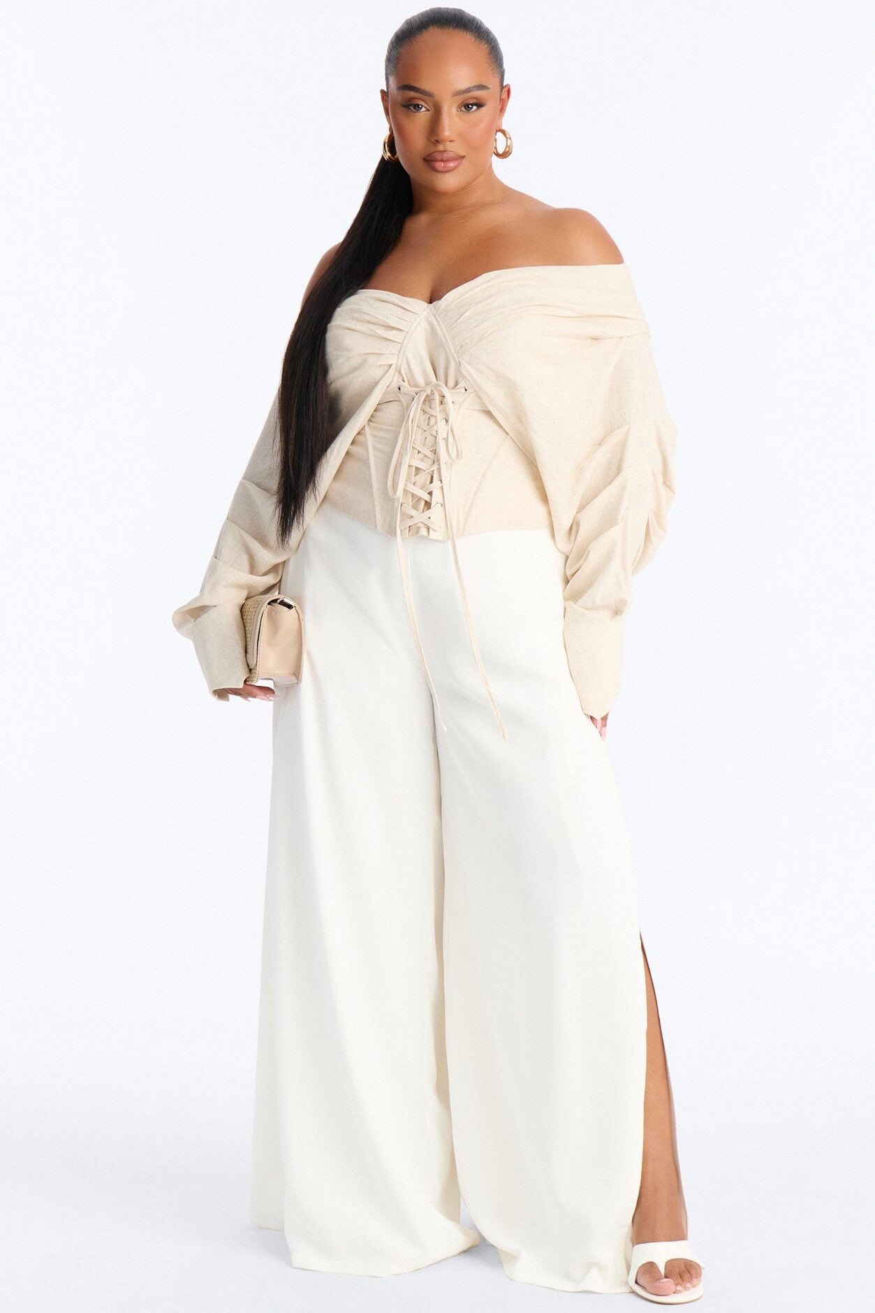 Her Era Off Shoulder Lace Up Linen Corset - Beige image 1